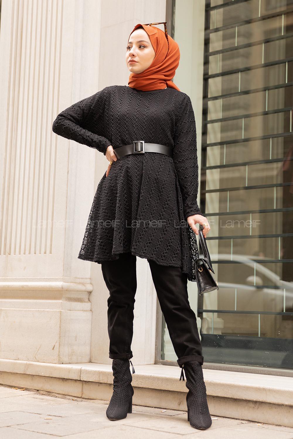 Modalamelif Kemerli  Raşel Tunik Siyah