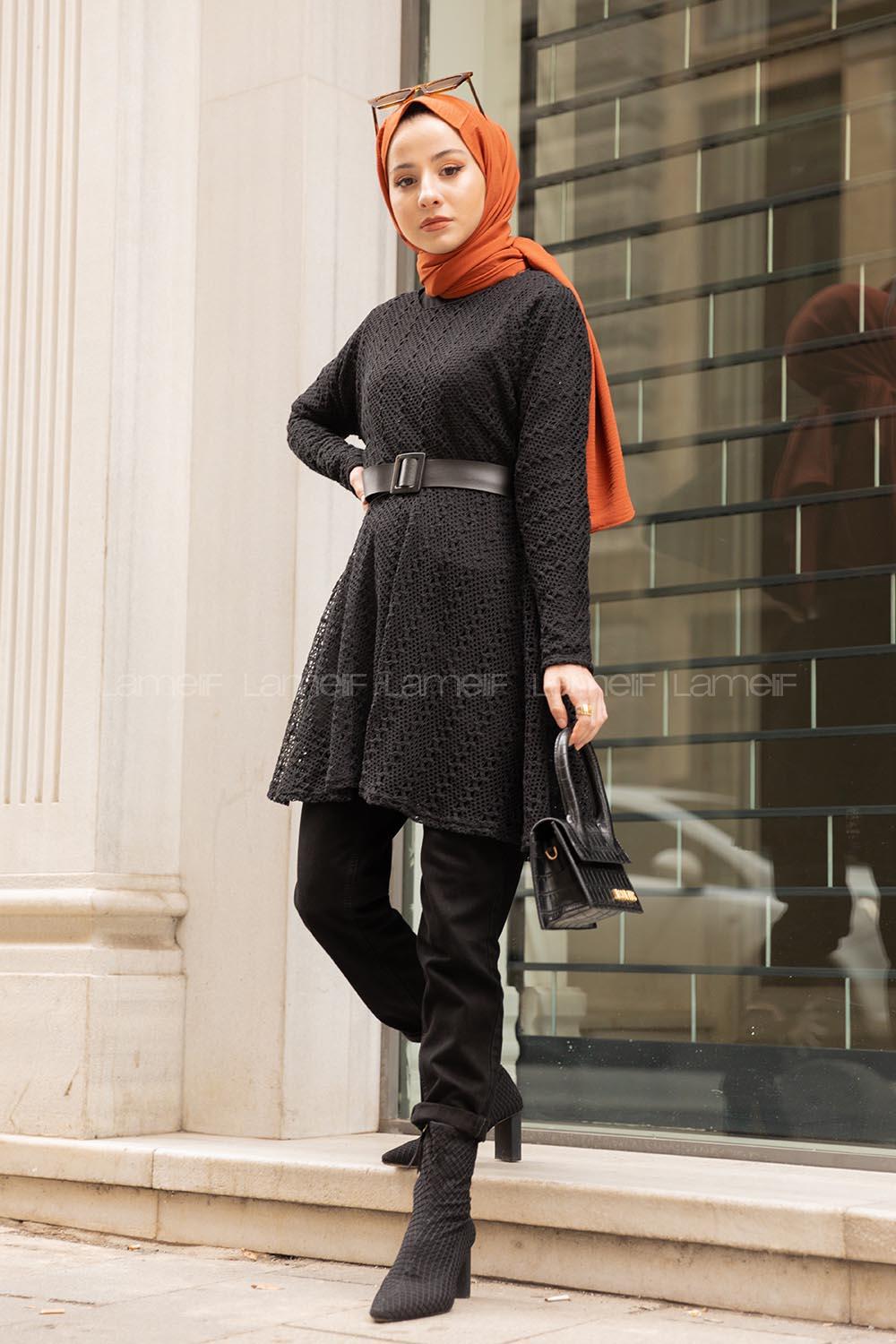 Modalamelif Kemerli  Raşel Tunik Siyah