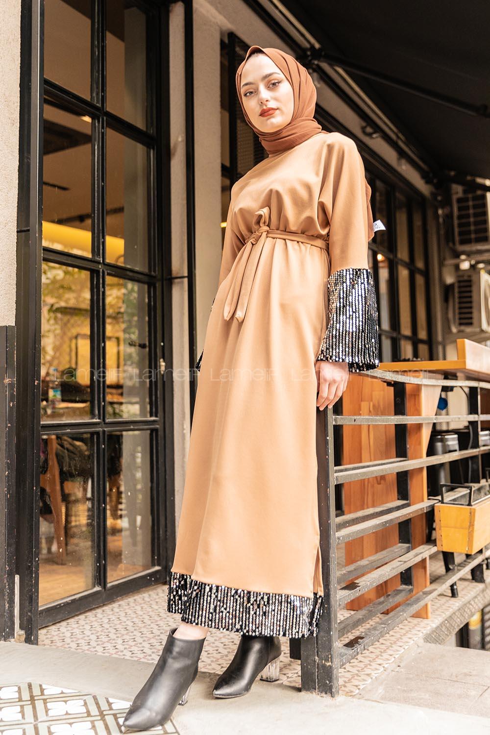 Modalamelif Kuşaklı Pul Payet Elbise Camel