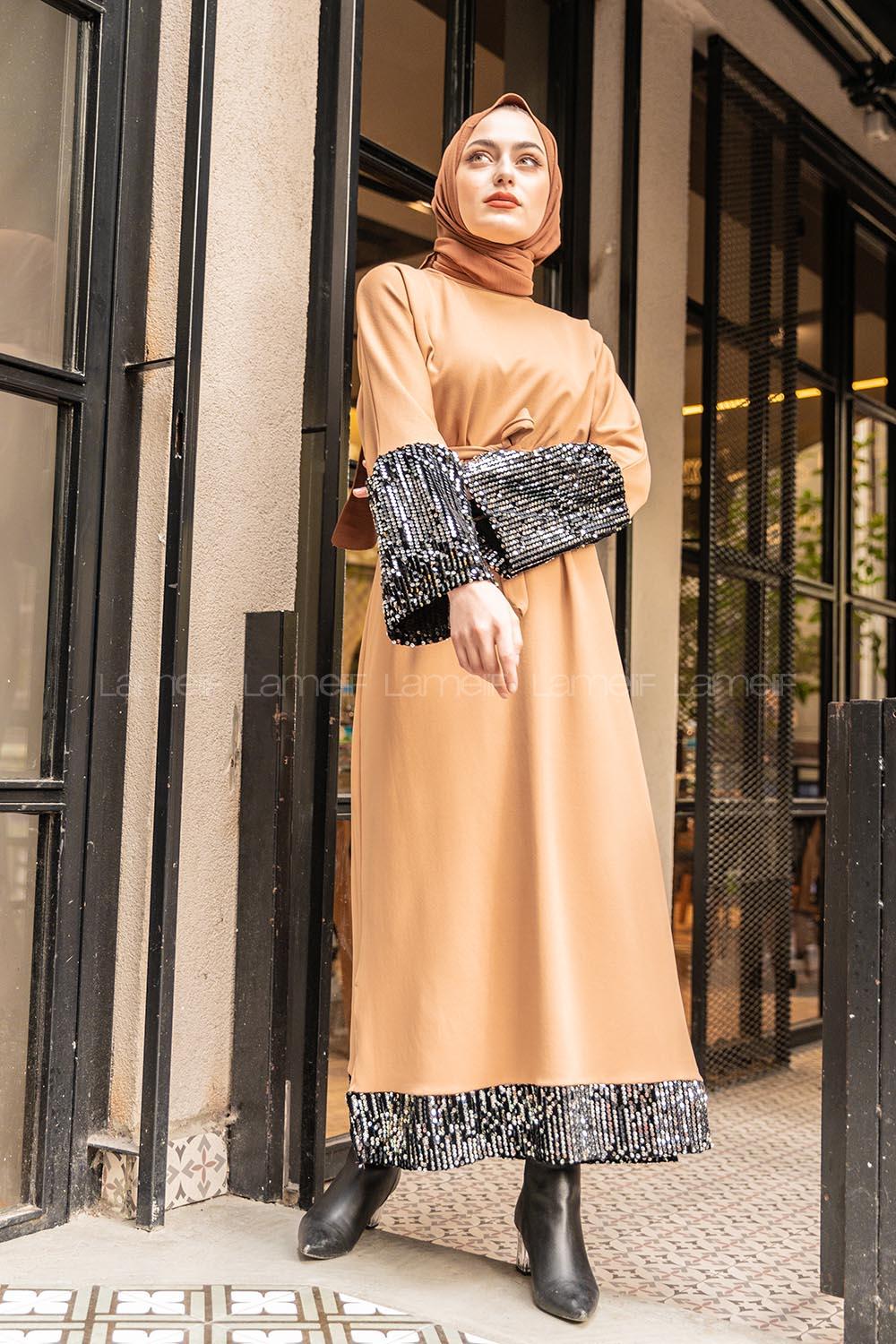 Modalamelif Kuşaklı Pul Payet Elbise Camel