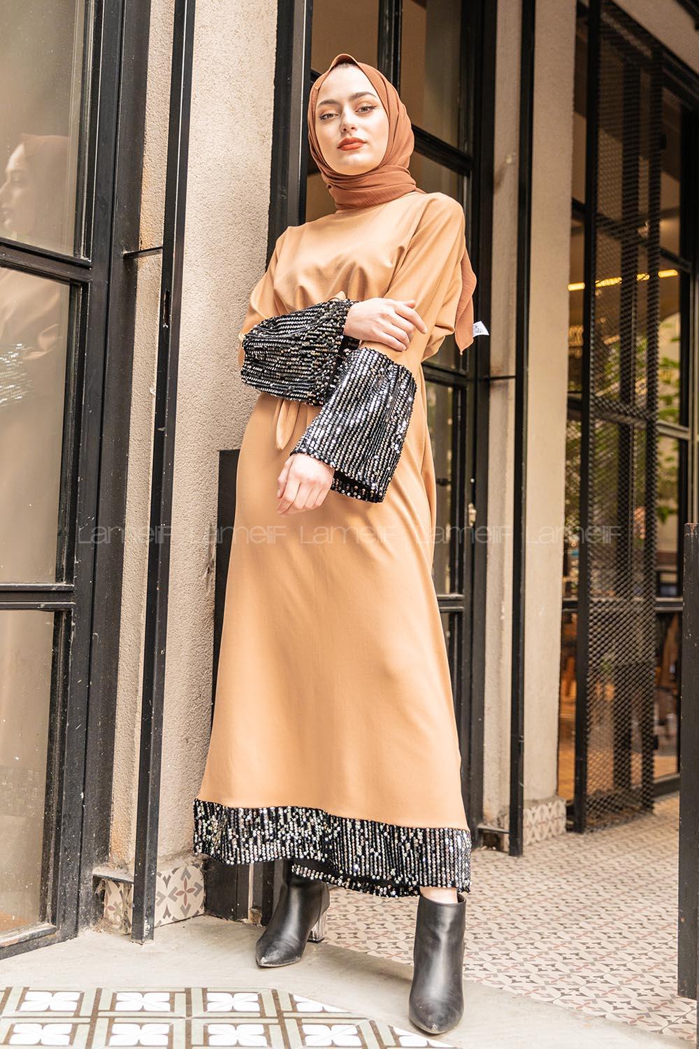 Modalamelif Kuşaklı Pul Payet Elbise Camel