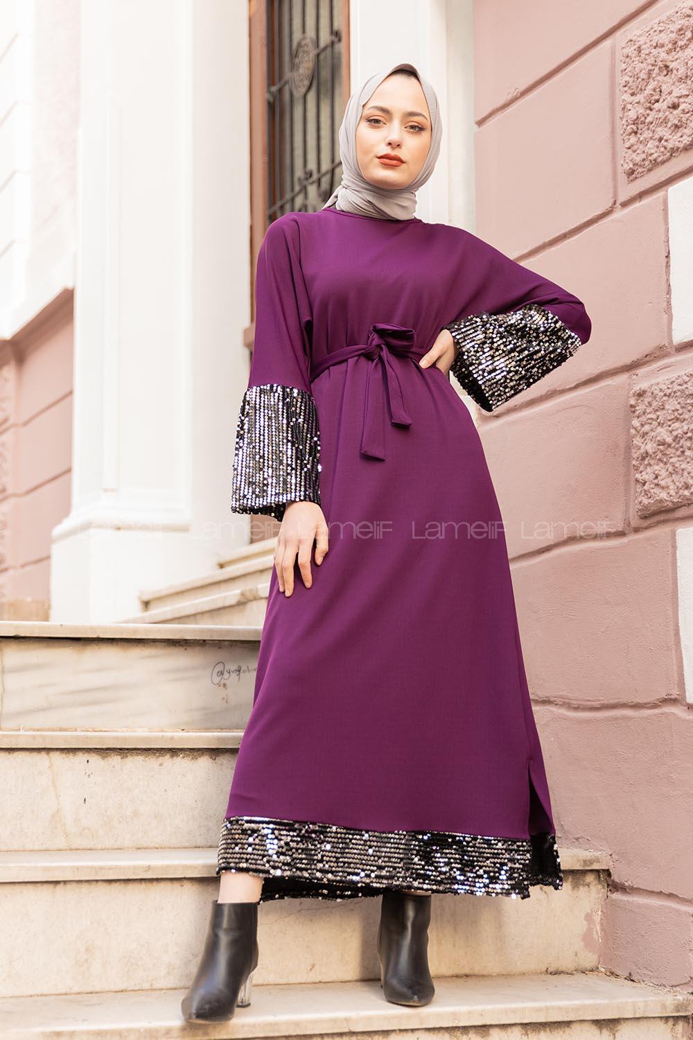 Modalamelif Kuşaklı Pul Payet Elbise Mürdüm