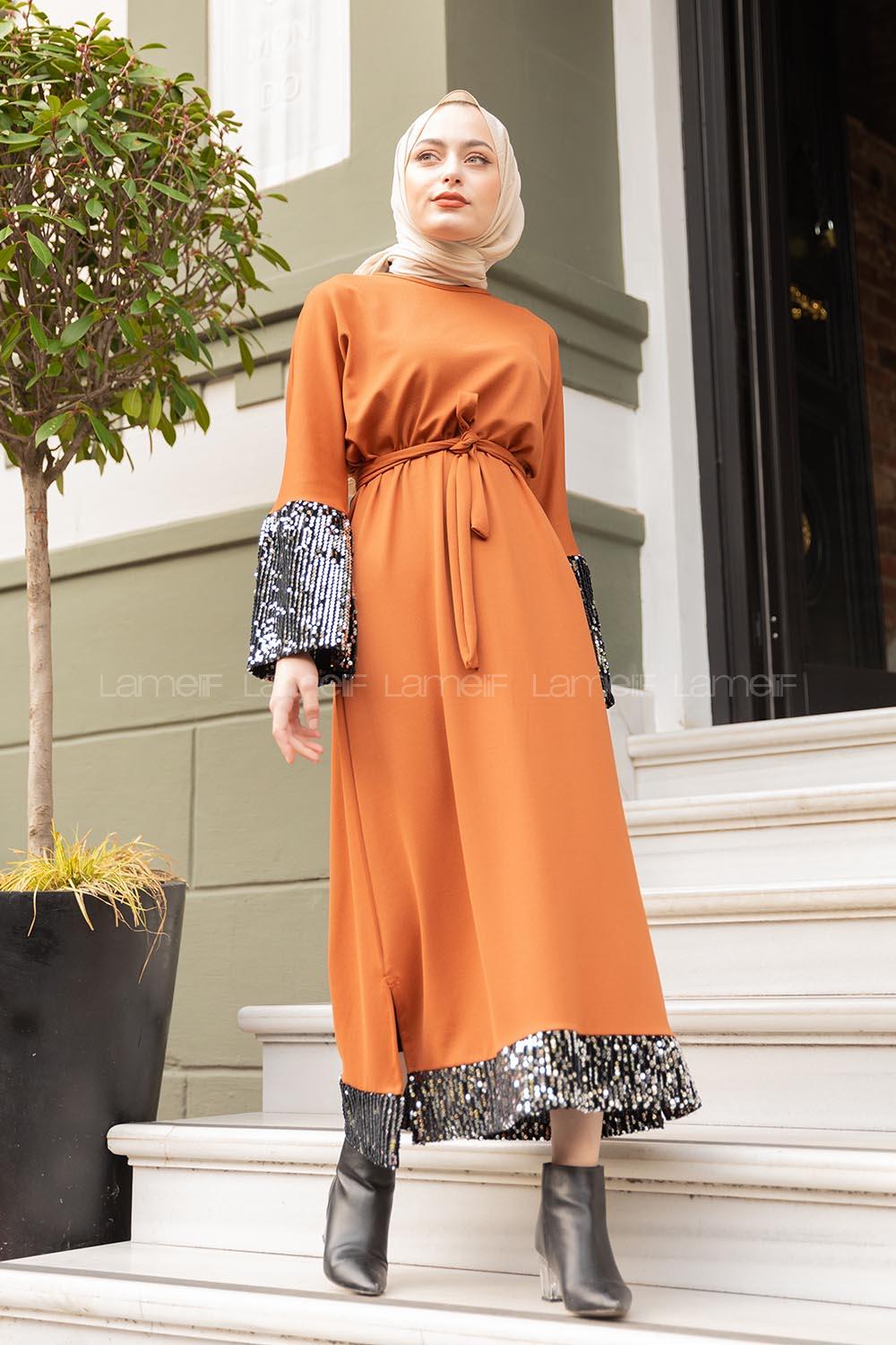 Modalamelif Kuşaklı Pul Payet Elbise Taba