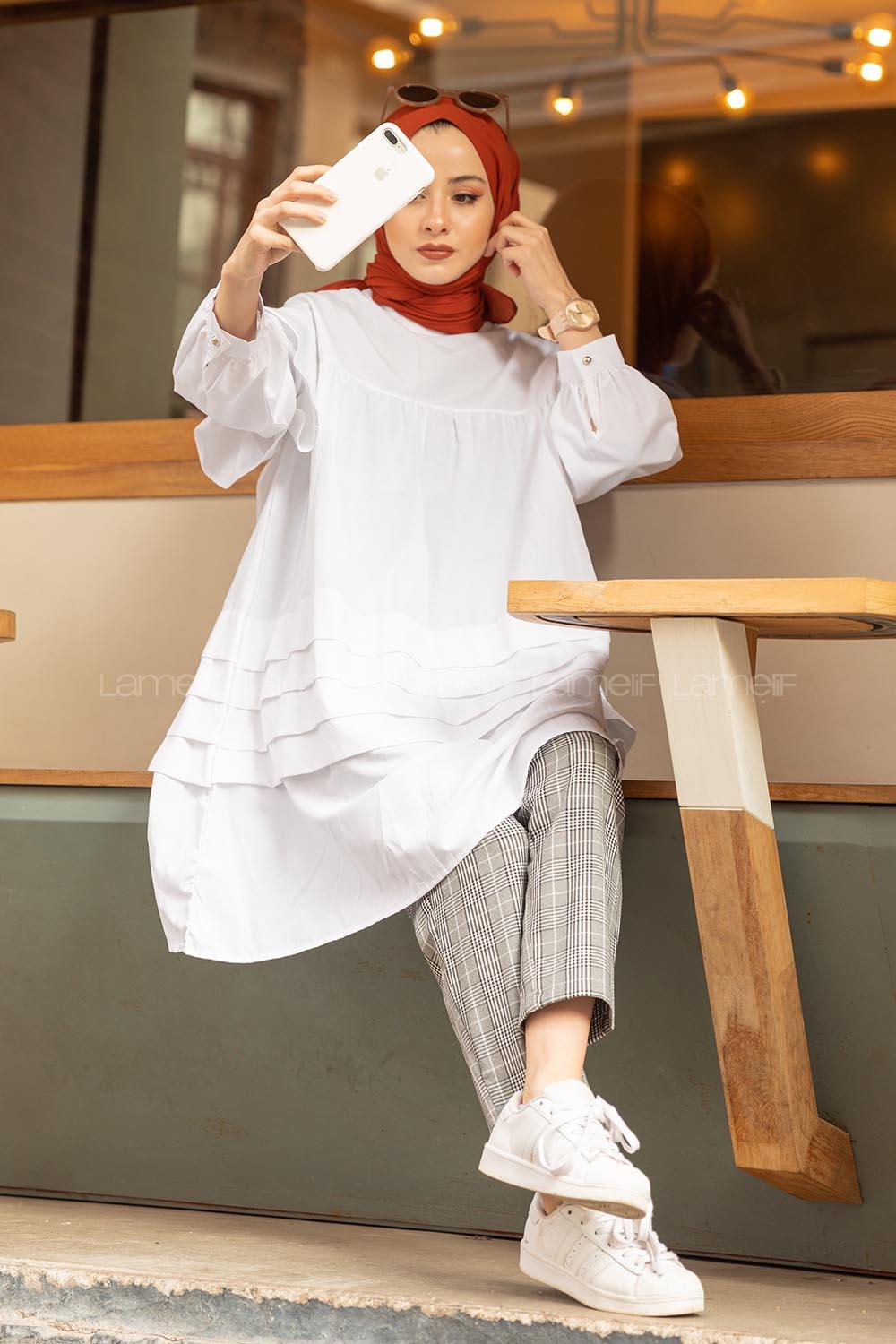 Modalamelif Önü Katlı Salaş Tunik Beyaz