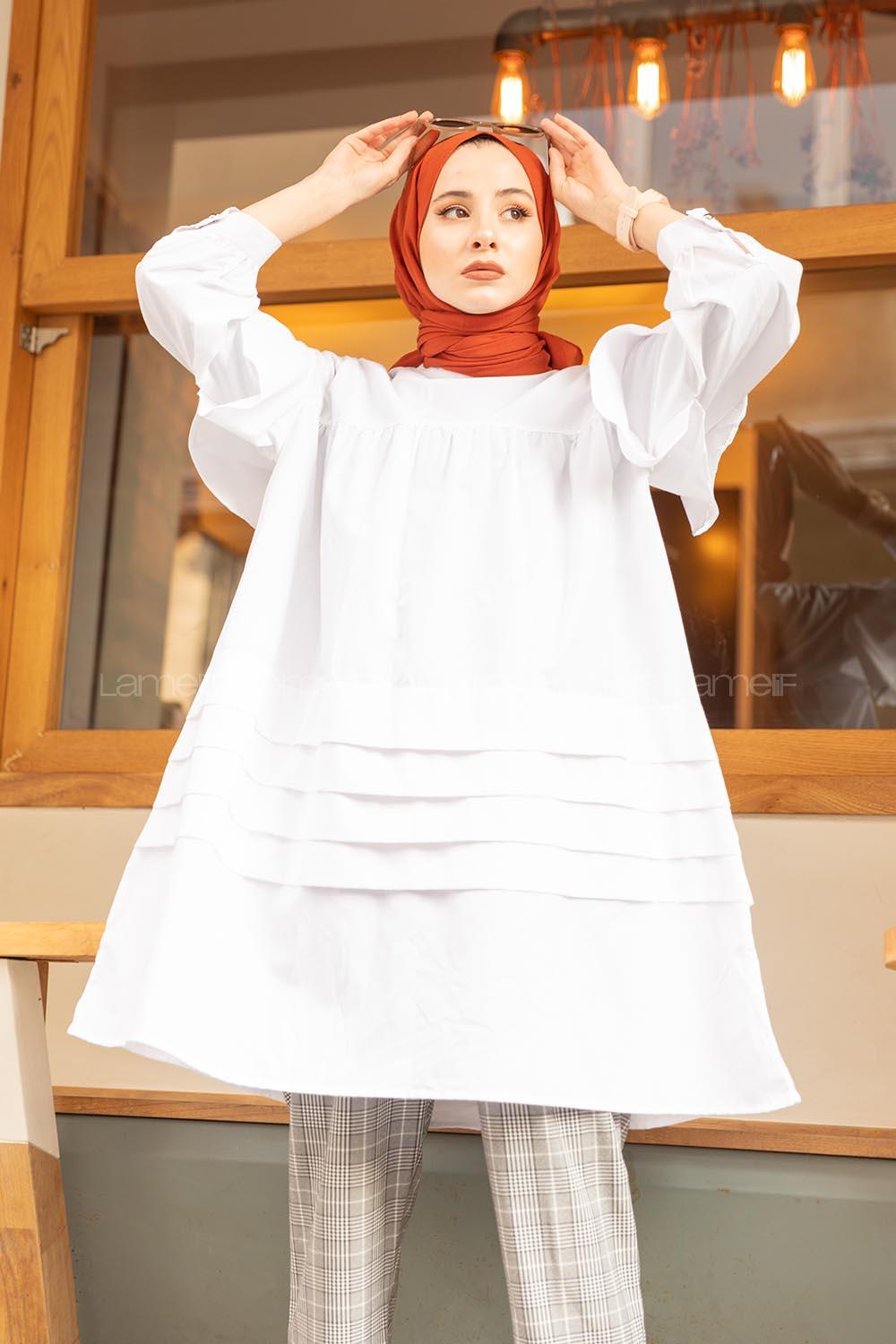 Modalamelif Önü Katlı Salaş Tunik Beyaz