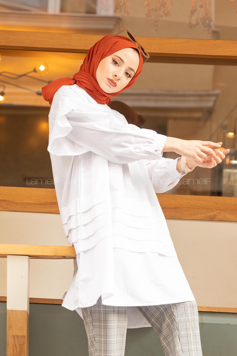 Modalamelif Önü Katlı Salaş Tunik Beyaz