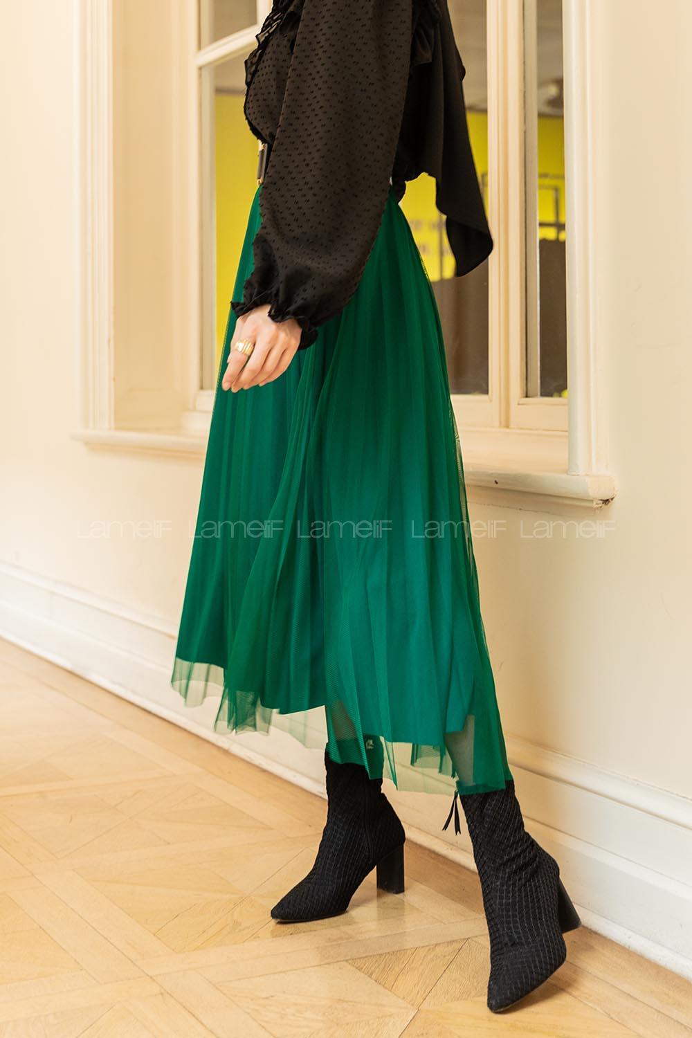 Modalamelif  Beli Lastikli Tül Etek Yeşil