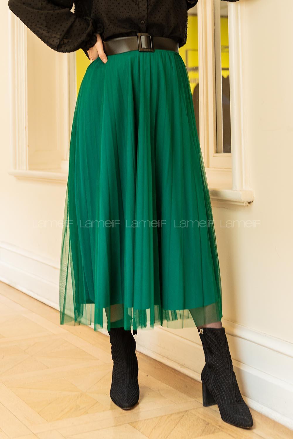 Modalamelif  Beli Lastikli Tül Etek Yeşil