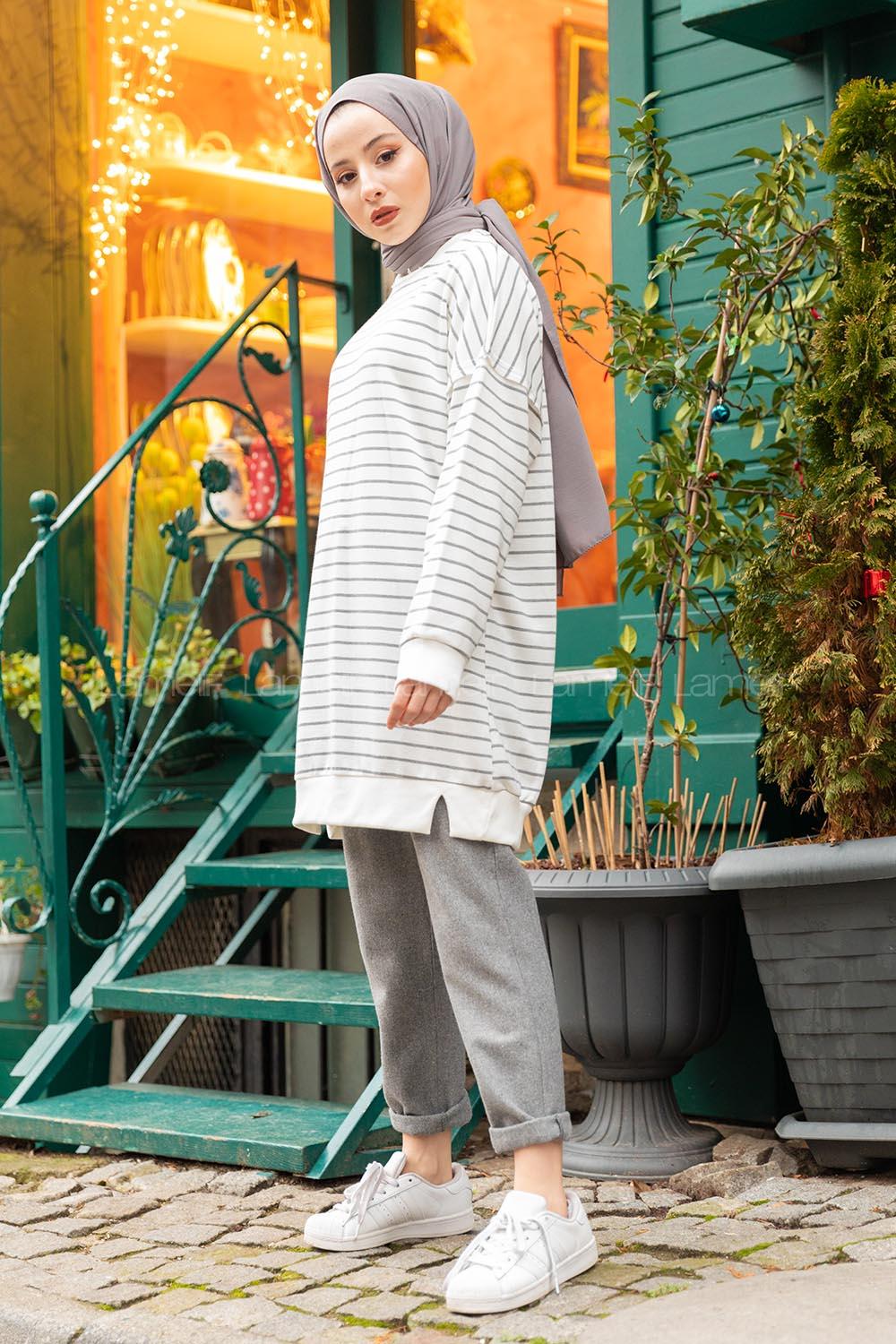 Modalamelif Çizgili İki İplik Sweat Füme