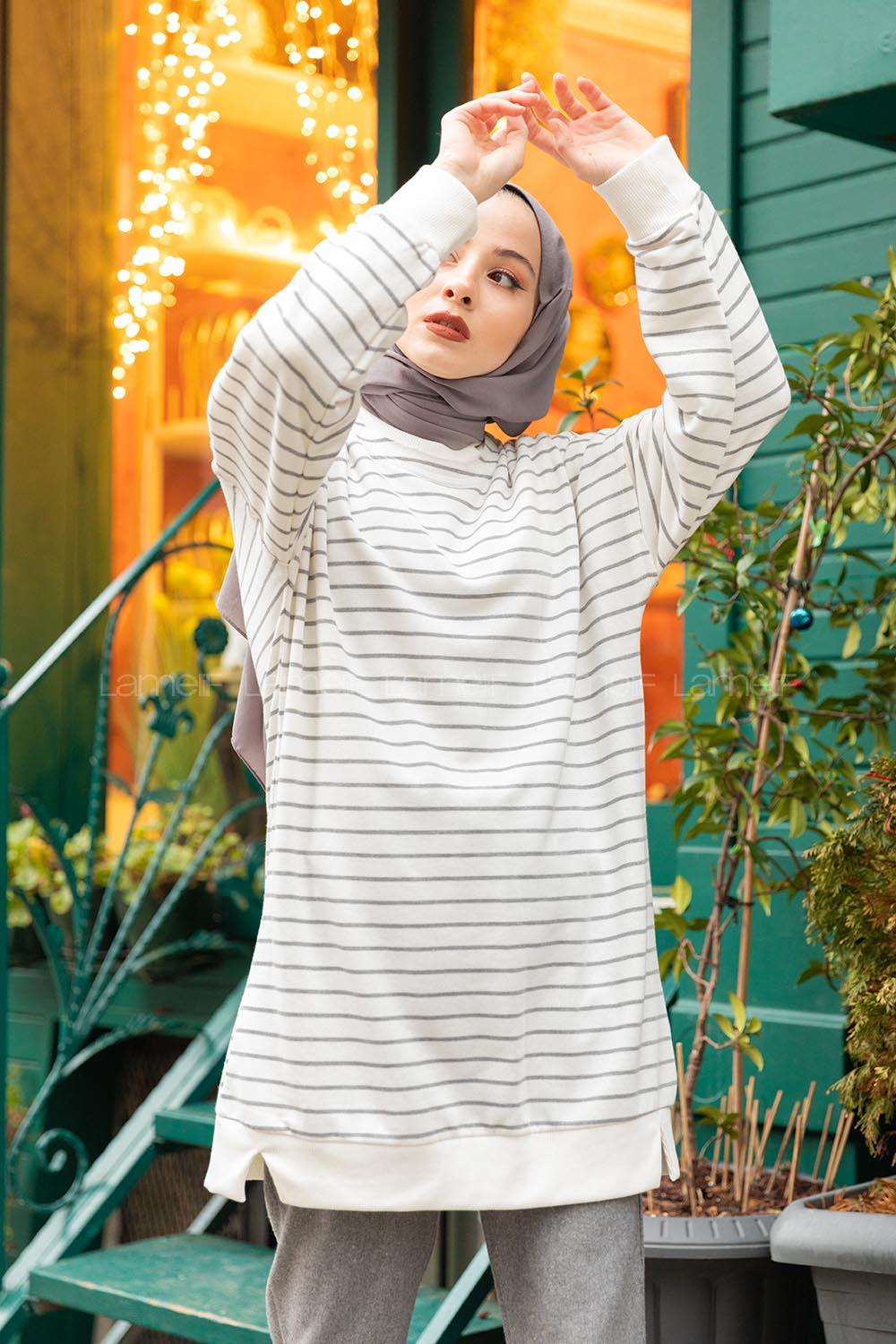 Modalamelif Çizgili İki İplik Sweat Füme