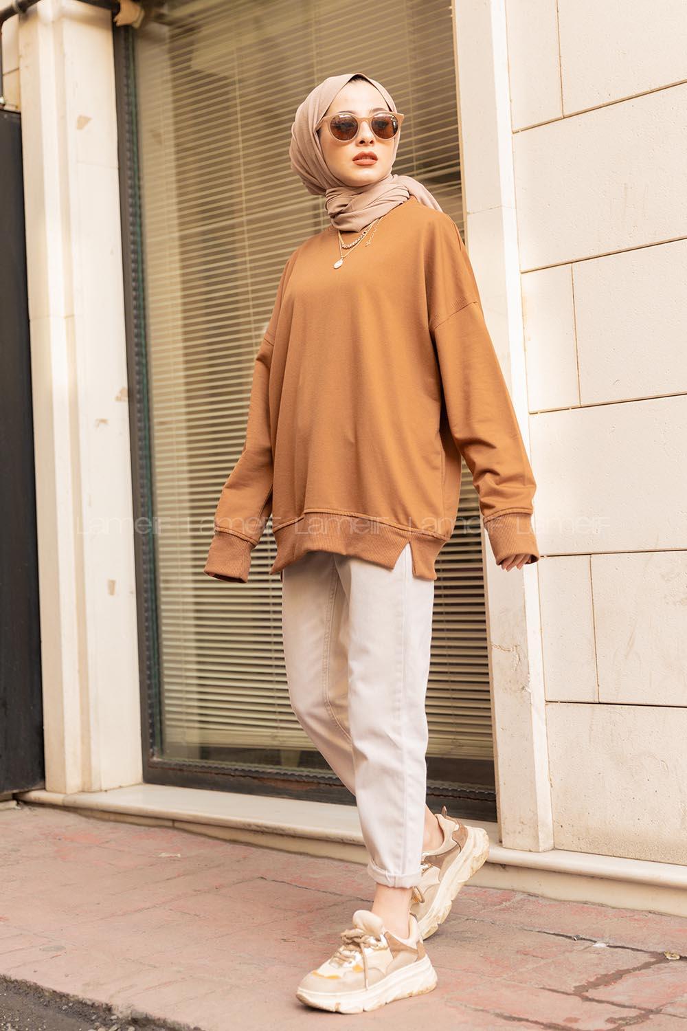 Modalamelif Düz Renkli Dikişli Sweatshırt Kahverengi