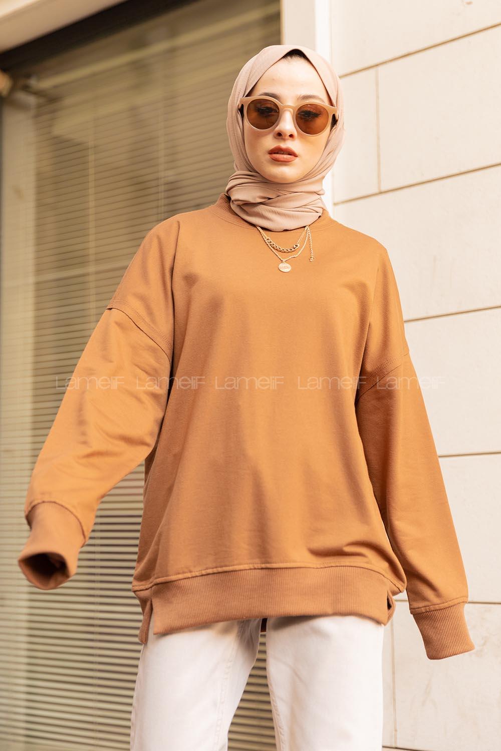 Modalamelif Düz Renkli Dikişli Sweatshırt Kahverengi