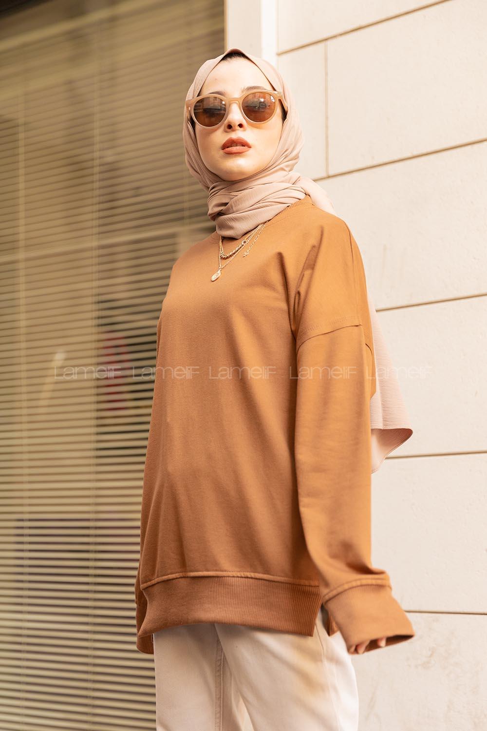 Modalamelif Düz Renkli Dikişli Sweatshırt Kahverengi