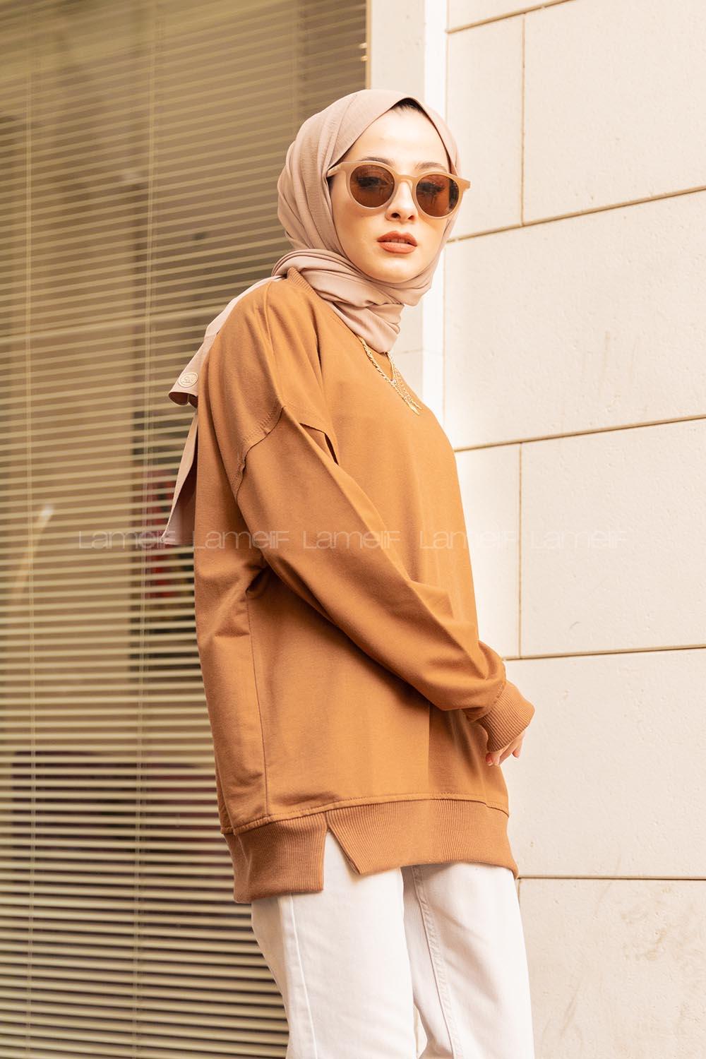 Modalamelif Düz Renkli Dikişli Sweatshırt Kahverengi