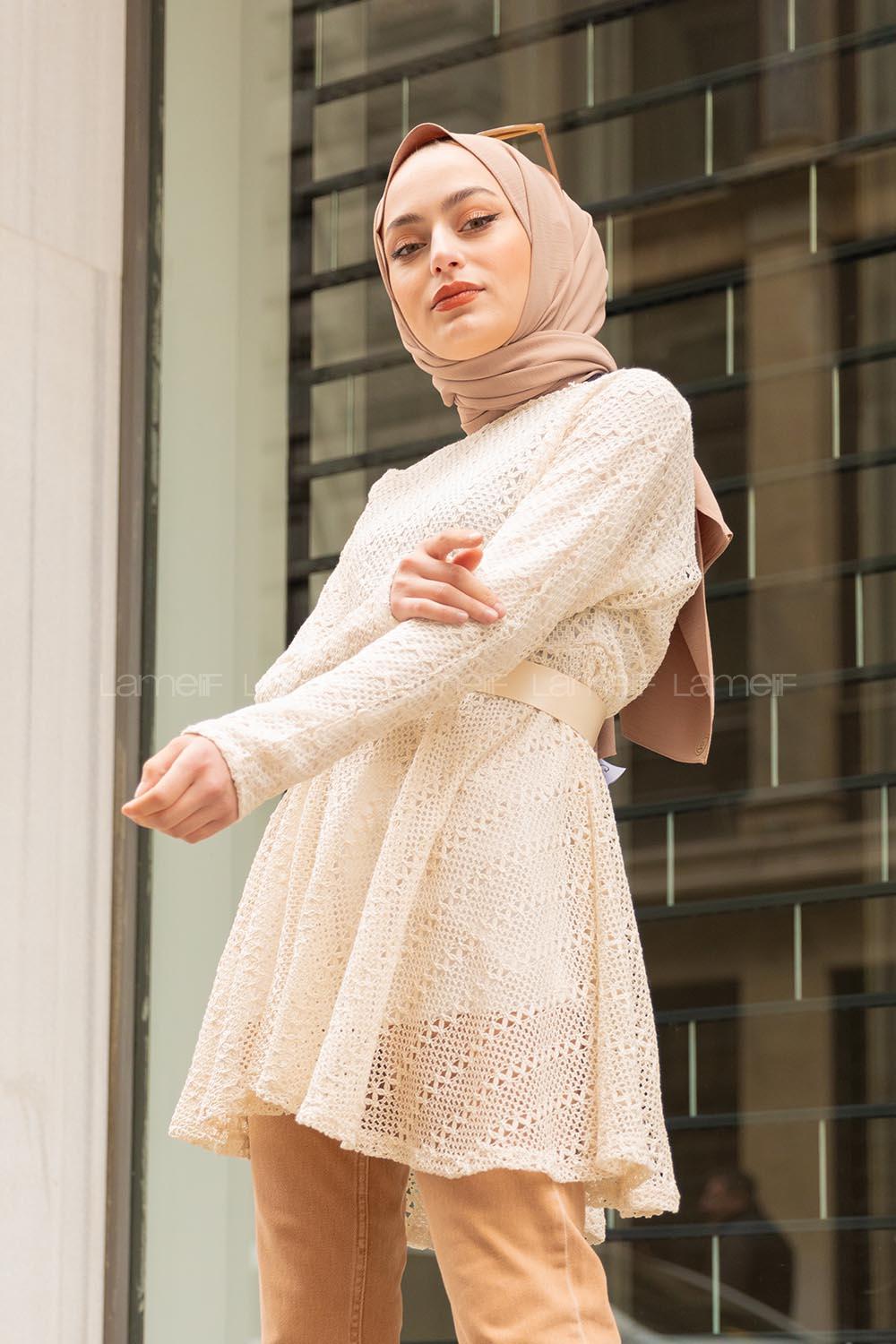 Modalamelif Kemerli  Raşel Tunik Ekru