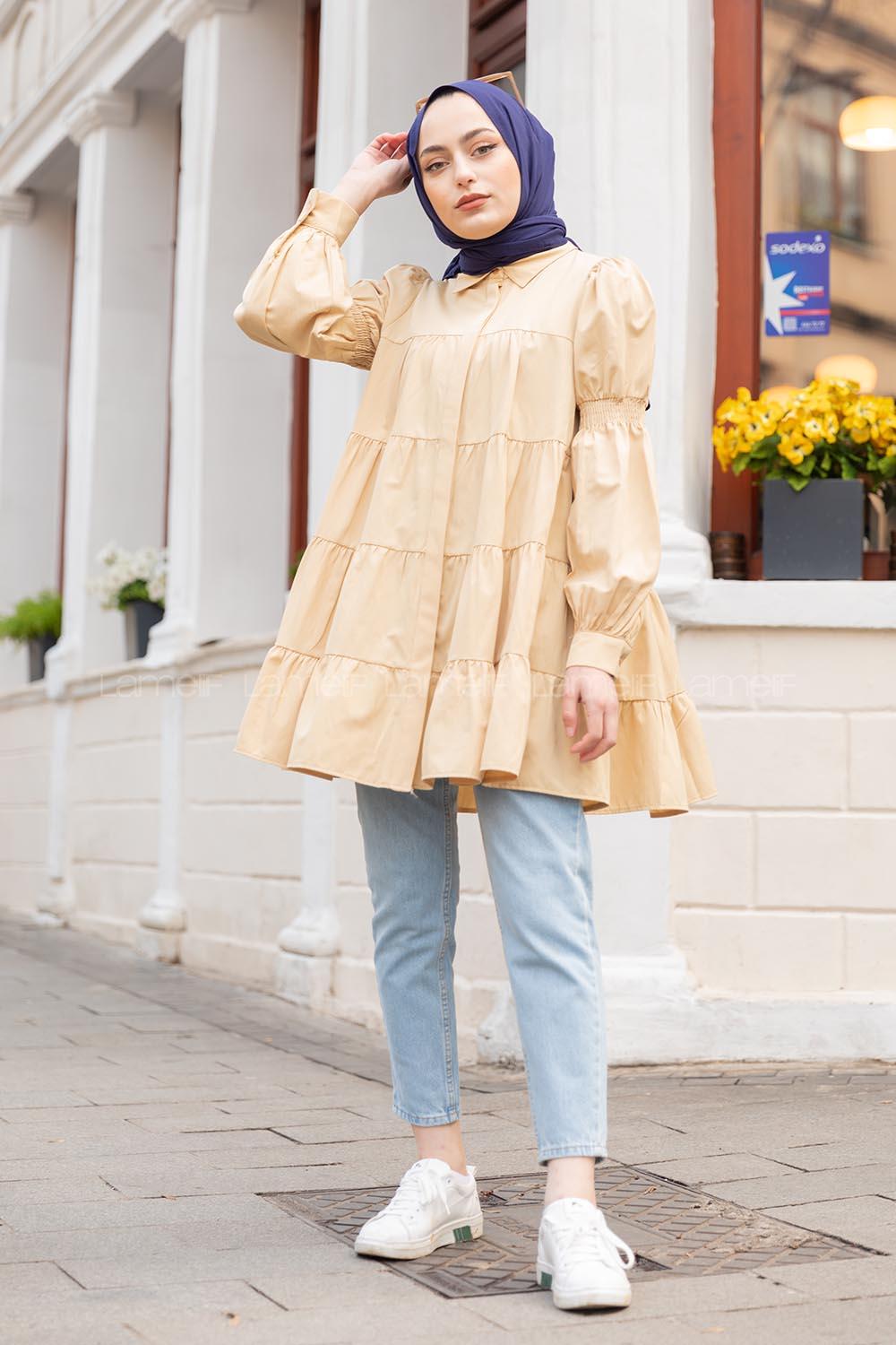 Modalamelif Önü Gizli Düğmeli Katlı Gömlek Bej