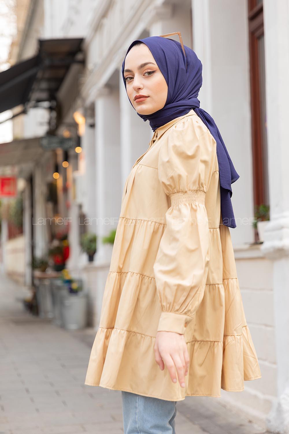 Modalamelif Önü Gizli Düğmeli Katlı Gömlek Bej