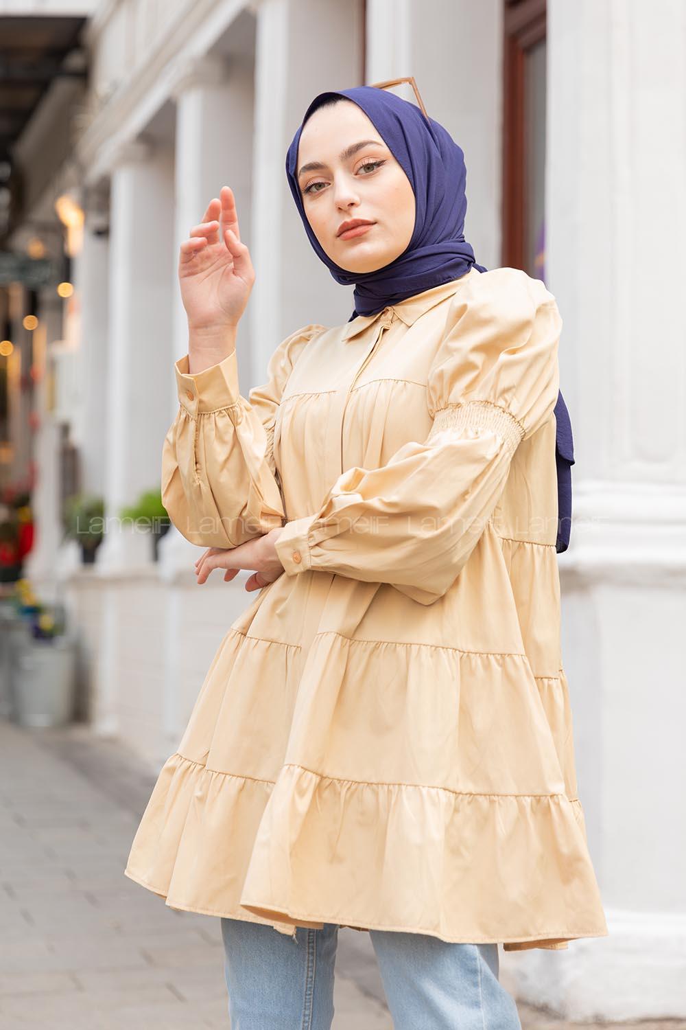 Modalamelif Önü Gizli Düğmeli Katlı Gömlek Bej