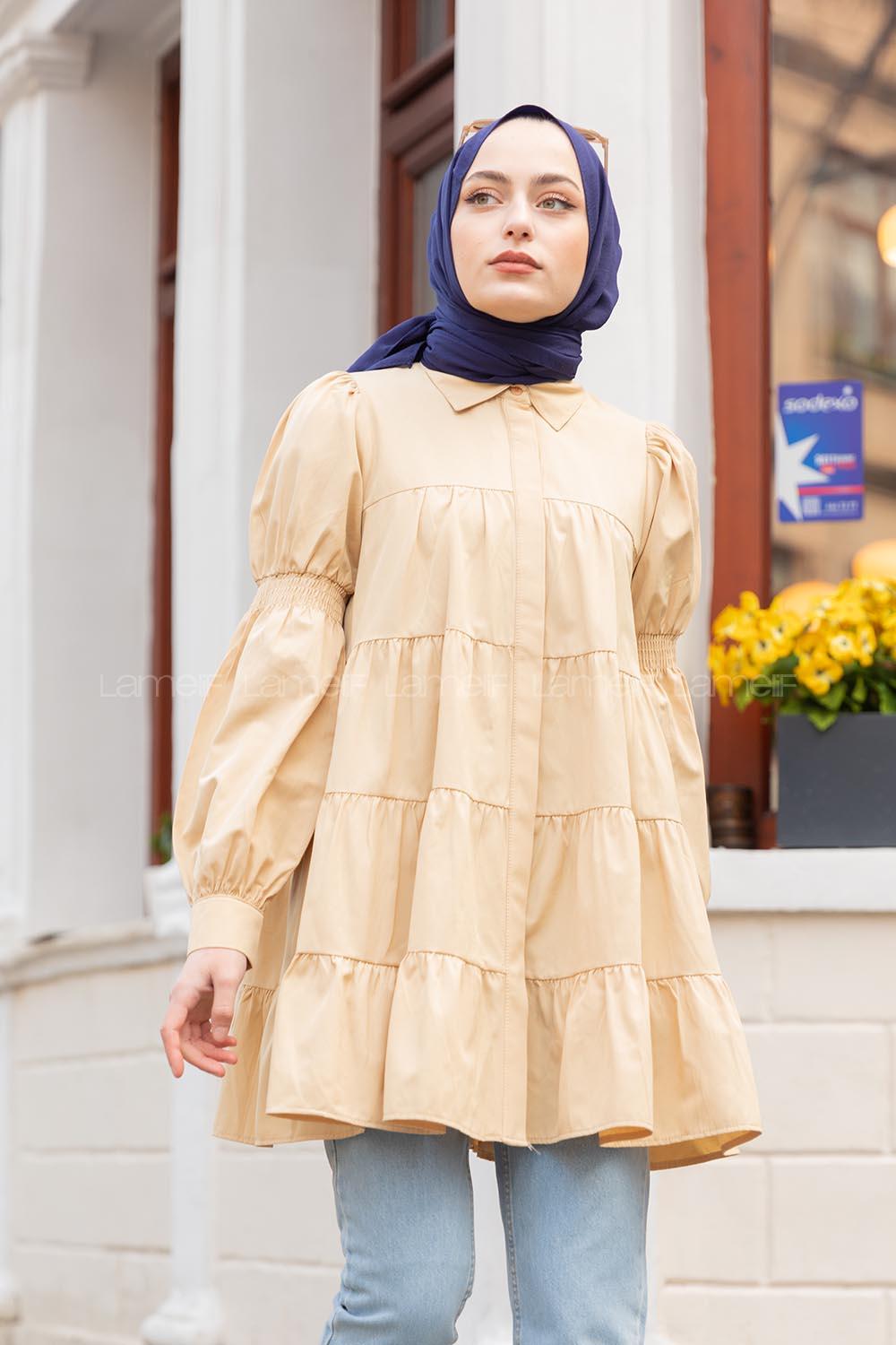 Modalamelif Önü Gizli Düğmeli Katlı Gömlek Bej