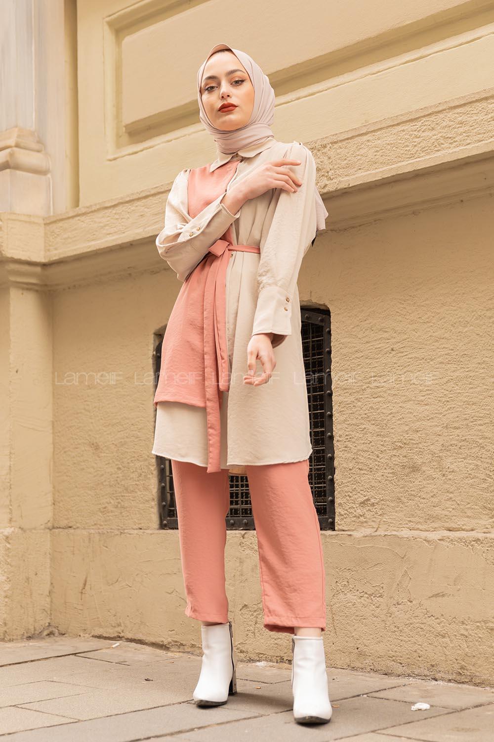 Modalamelif Parça Renkli Kemer Detaylı İkili Takım Pembe