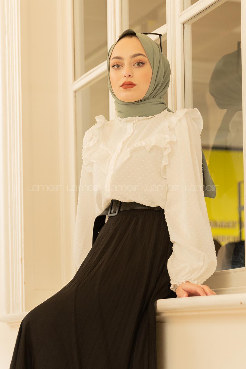 Modalamelif Ponpon Desenli Gömlek  Beyaz