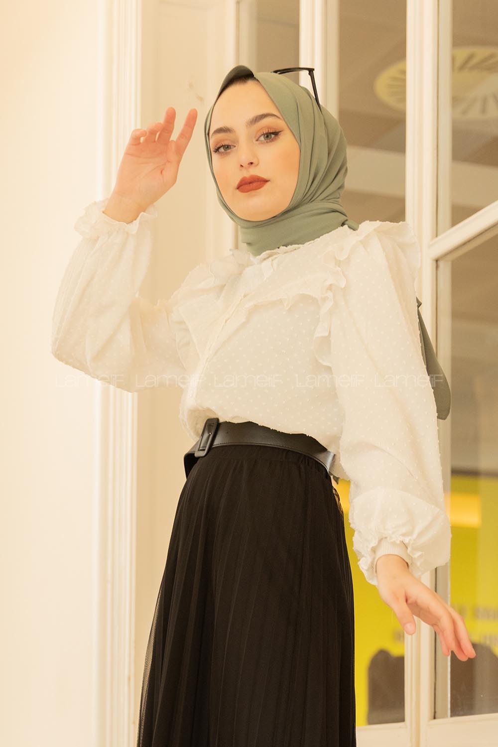 Modalamelif Ponpon Desenli Gömlek  Beyaz