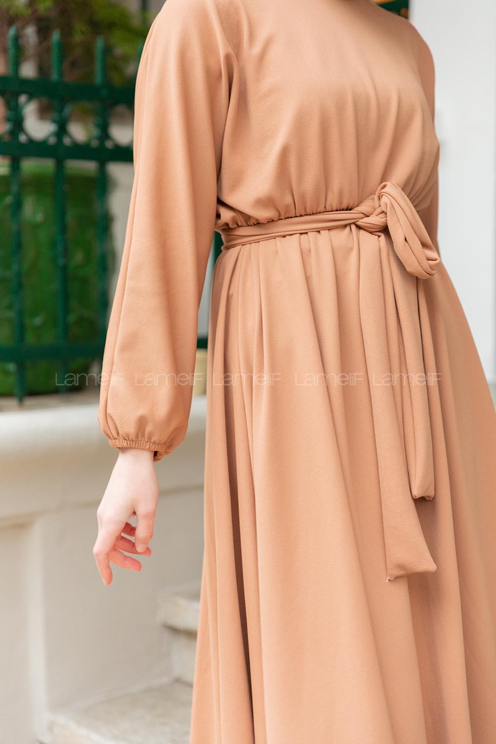 Modalamelif Yarasa Kol Kloş Etekli Mevlana Elbise Camel