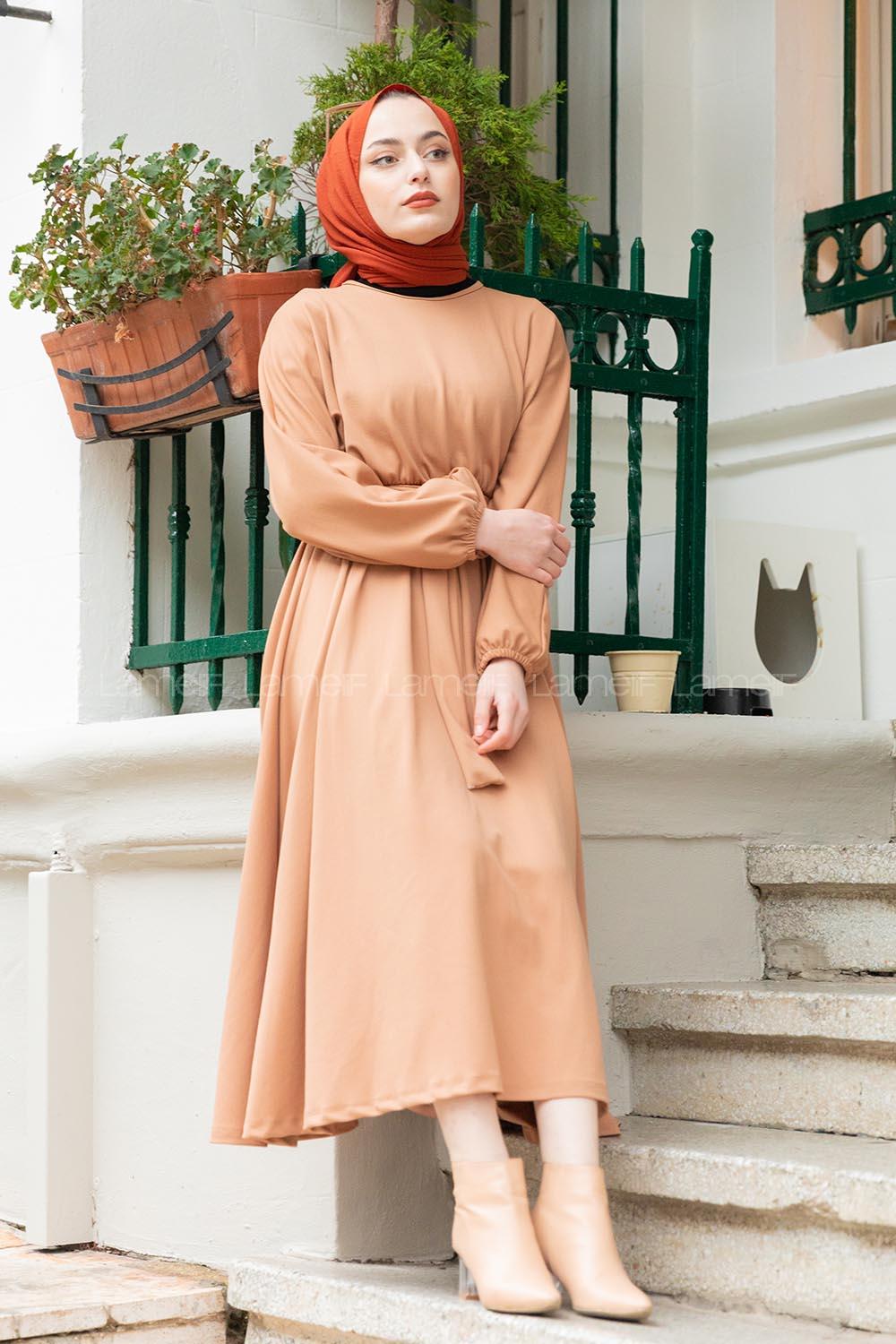 Modalamelif Yarasa Kol Kloş Etekli Mevlana Elbise Camel