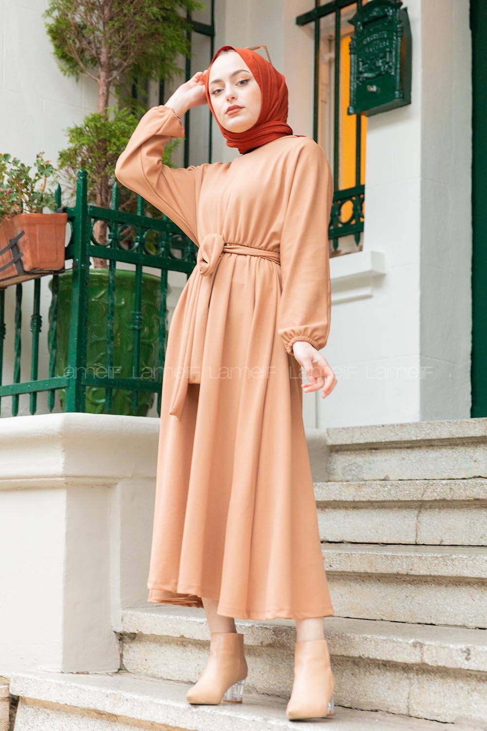 Modalamelif Yarasa Kol Kloş Etekli Mevlana Elbise Camel