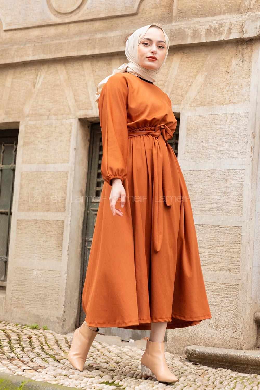 Modalamelif Yarasa Kol Kloş Etekli Mevlana Elbise Kahverengi
