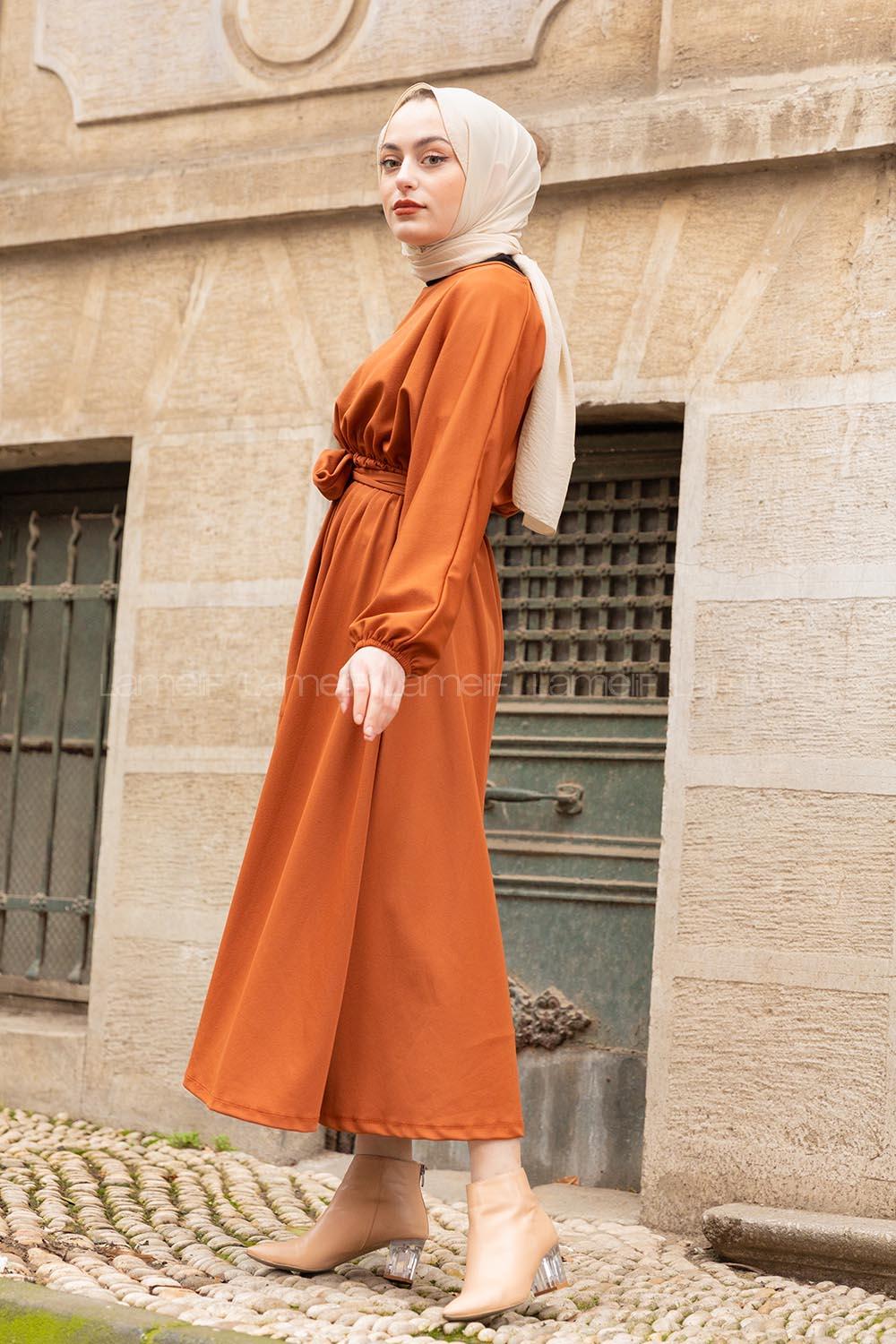 Modalamelif Yarasa Kol Kloş Etekli Mevlana Elbise Kahverengi