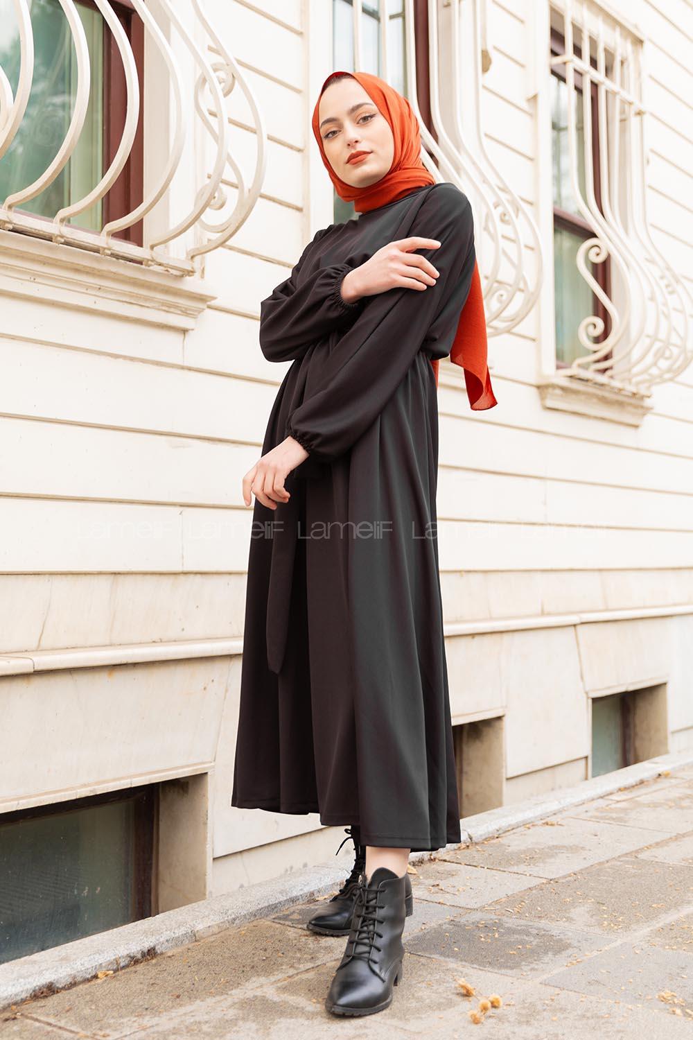 Modalamelif Yarasa Kol Kloş Etekli Mevlana Elbise Siyah