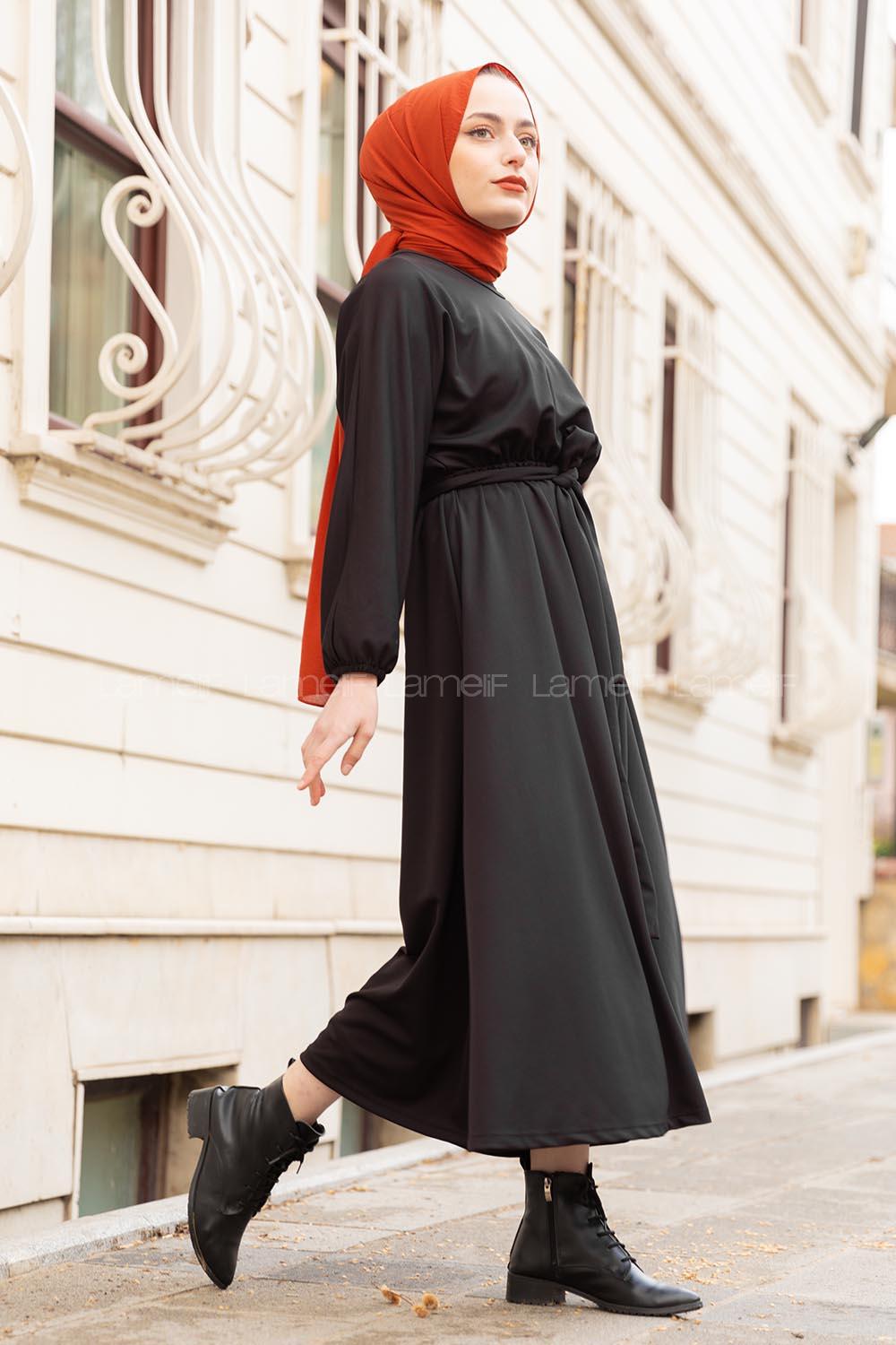 Modalamelif Yarasa Kol Kloş Etekli Mevlana Elbise Siyah