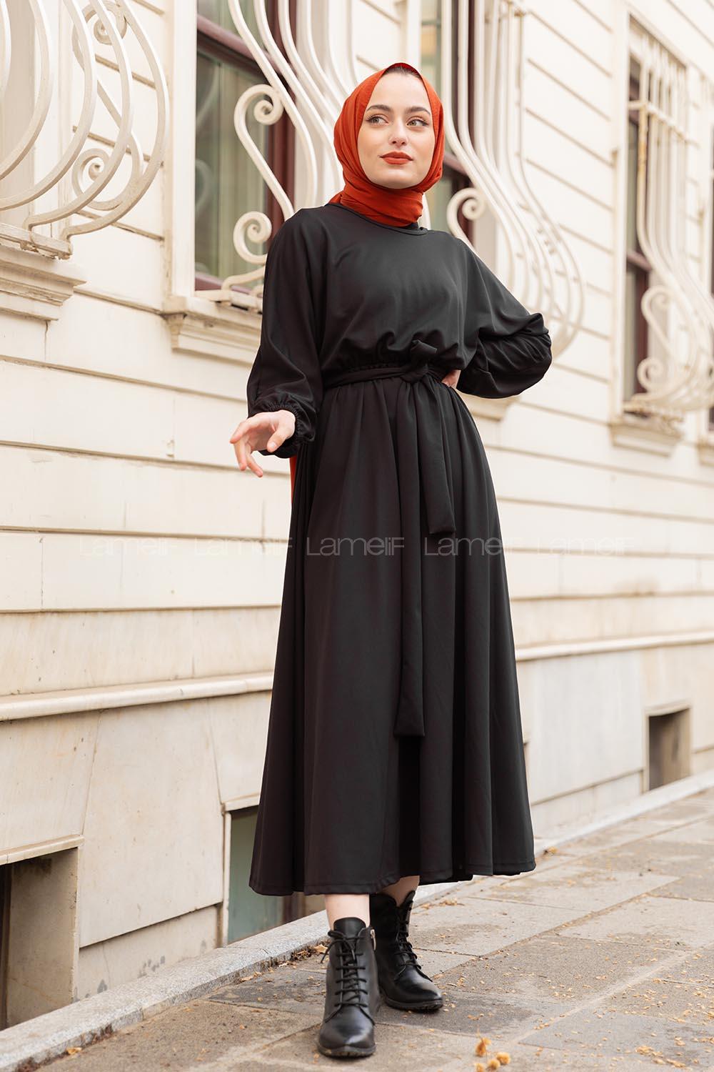 Modalamelif Yarasa Kol Kloş Etekli Mevlana Elbise Siyah