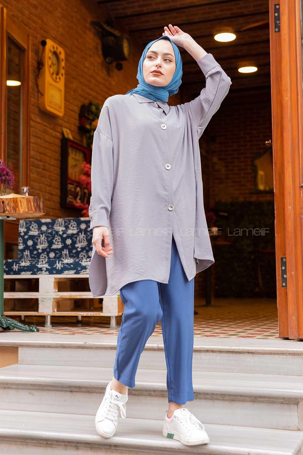 Modalamelif Büyük Düğmeli Yanları Yırtmaçlı Gömlek Gri