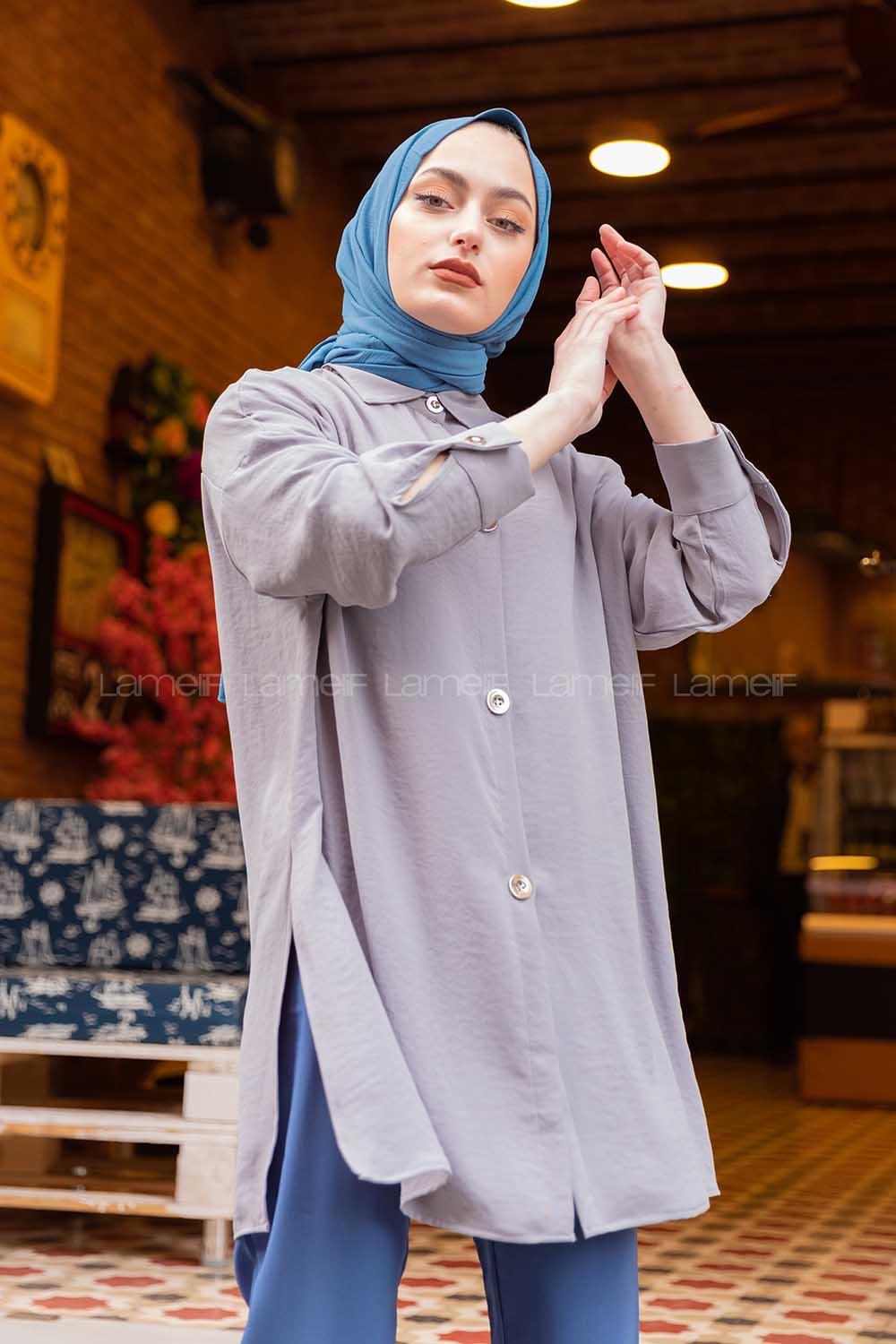 Modalamelif Büyük Düğmeli Yanları Yırtmaçlı Gömlek Gri