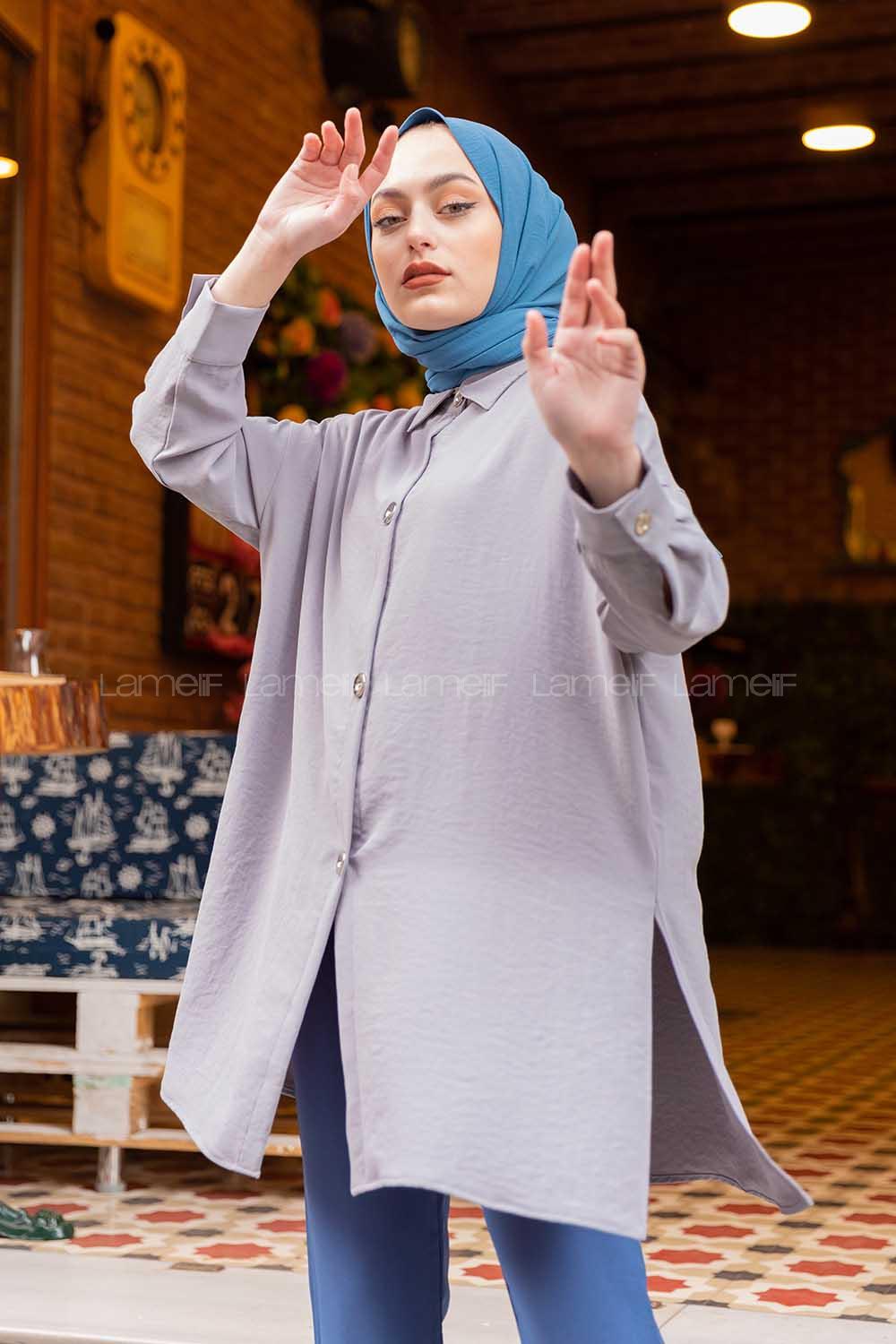 Modalamelif Büyük Düğmeli Yanları Yırtmaçlı Gömlek Gri