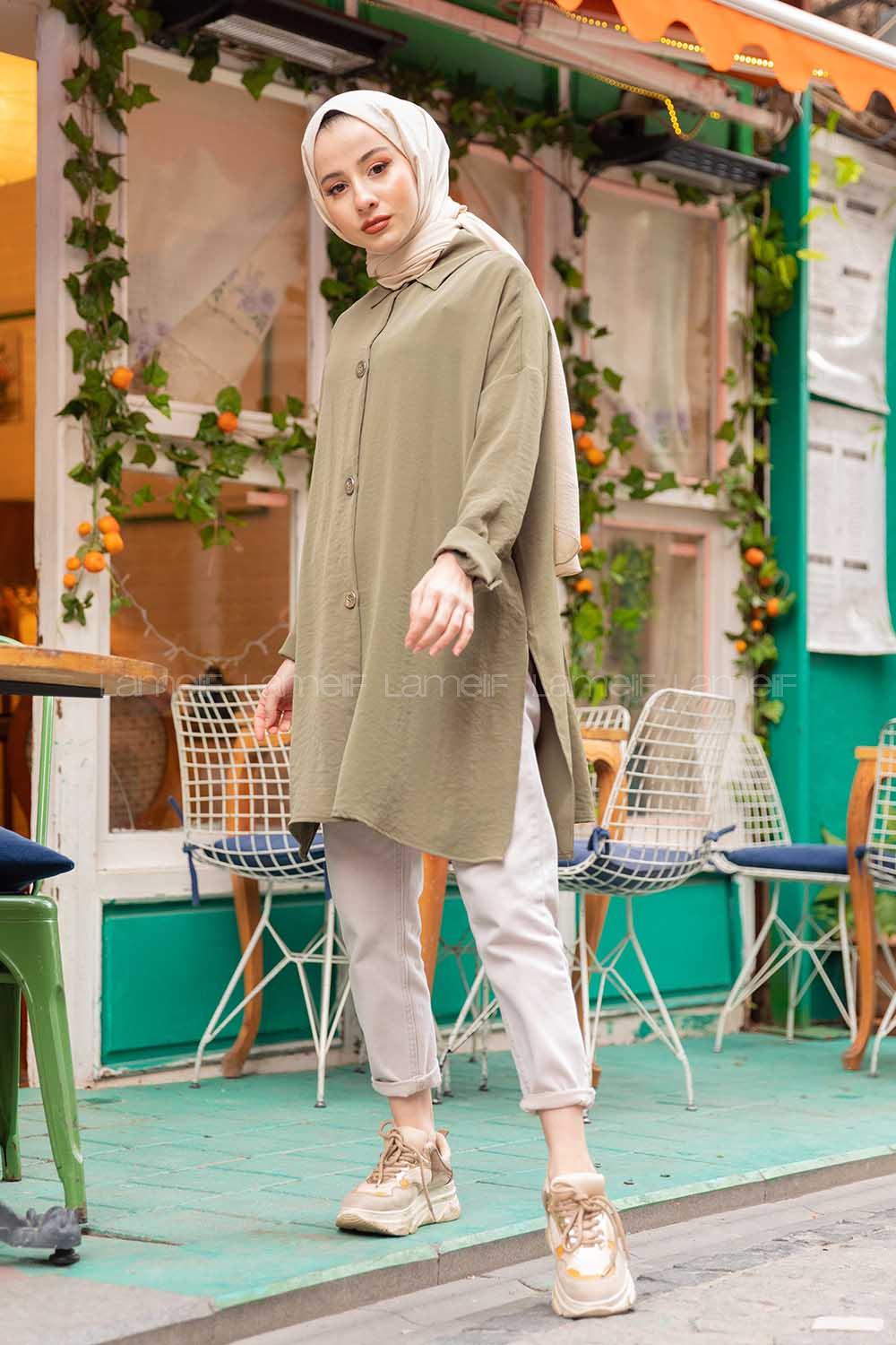 Modalamelif Büyük Düğmeli Yanları Yırtmaçlı Gömlek Haki