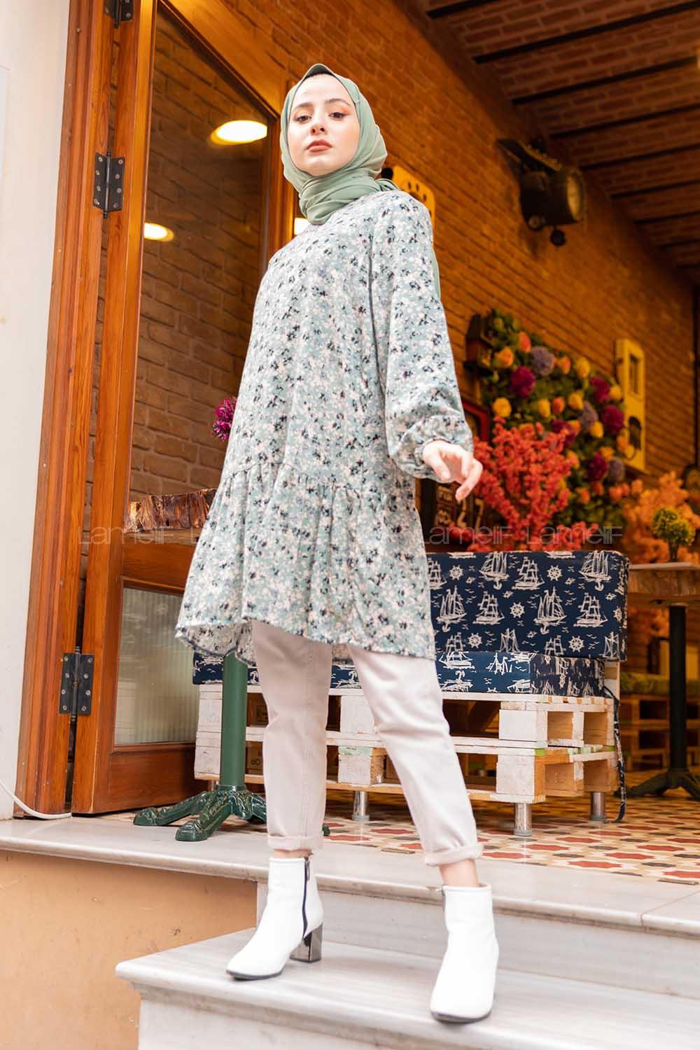 Modalamelif Çiçek Desenli Balon Kol Tunik Mint Yeşili