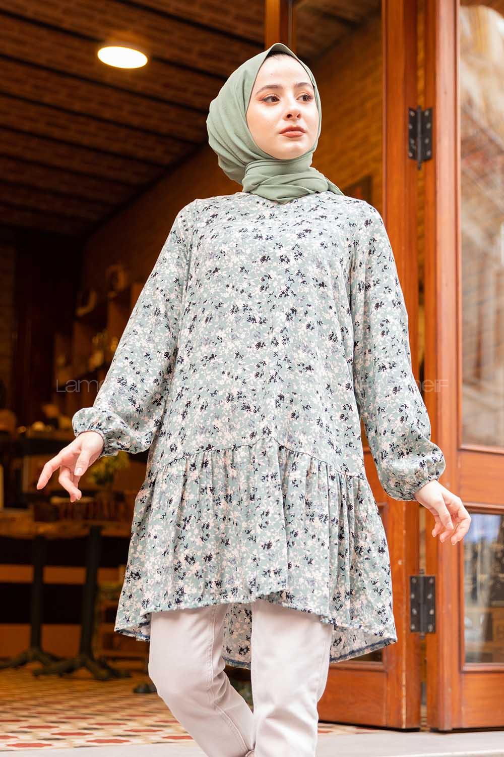 Modalamelif Çiçek Desenli Balon Kol Tunik Mint Yeşili