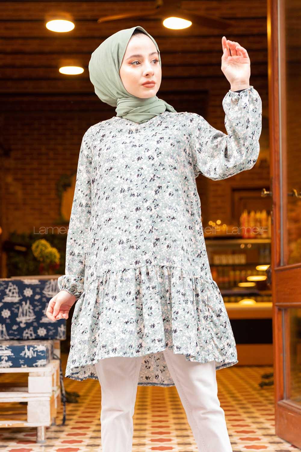 Modalamelif Çiçek Desenli Balon Kol Tunik Mint Yeşili