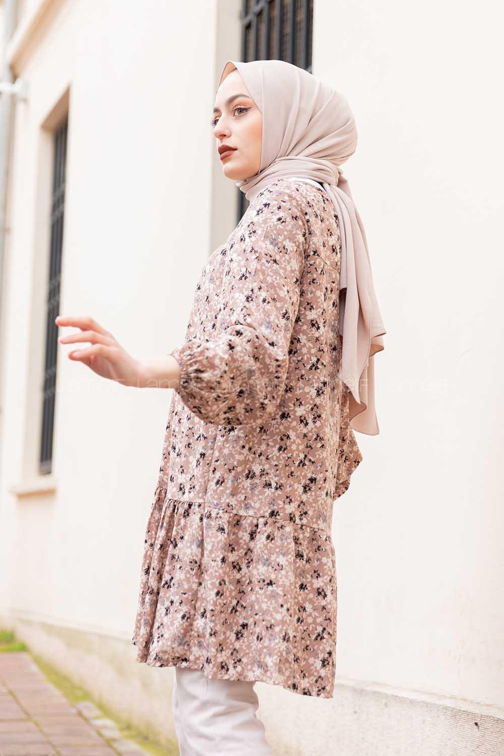 Modalamelif Çiçek Desenli Balon Kol Tunik  Sütlü Kahve