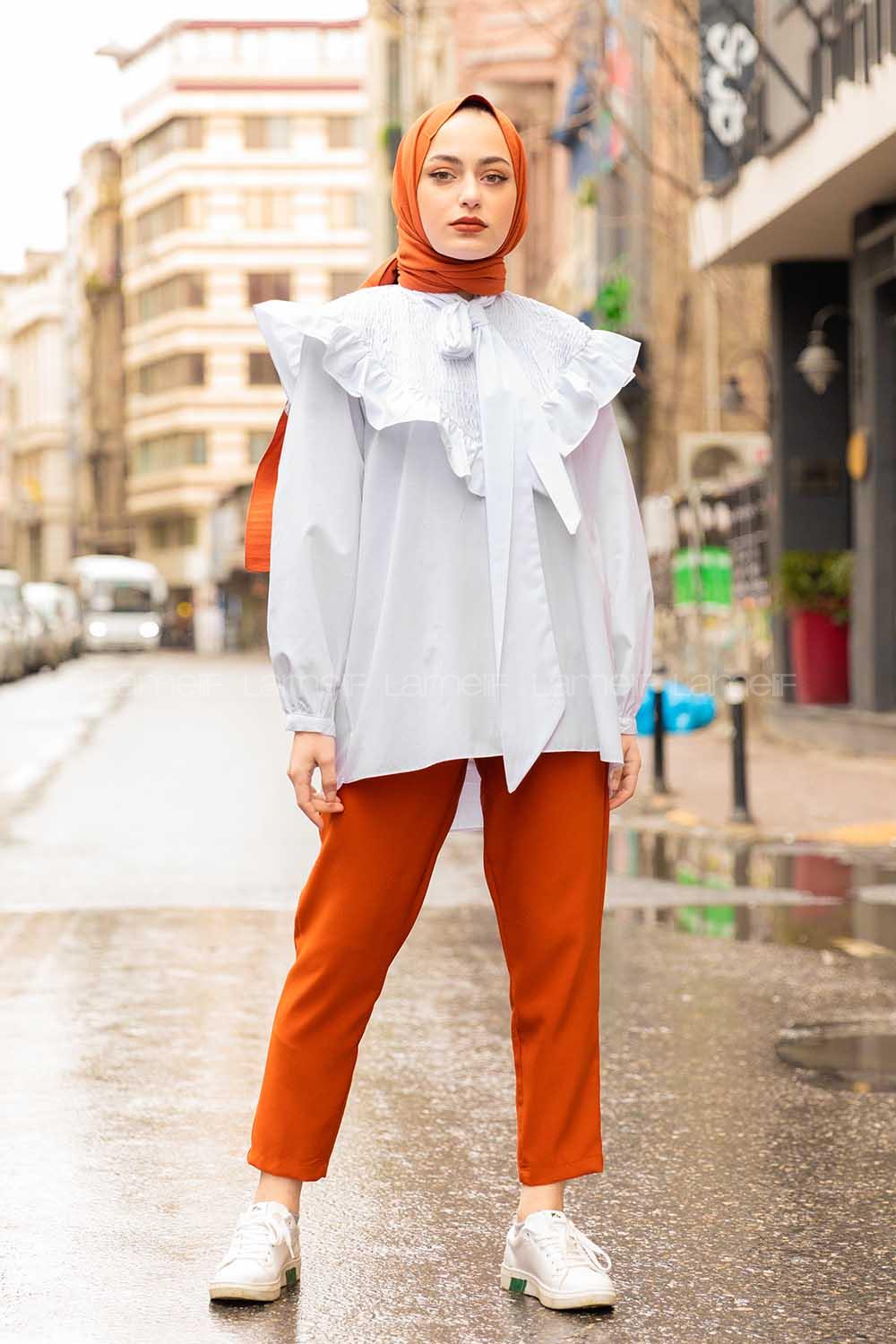 Modalamelif Fularlı Yaka Gipeli Gömlek Tunik Beyaz