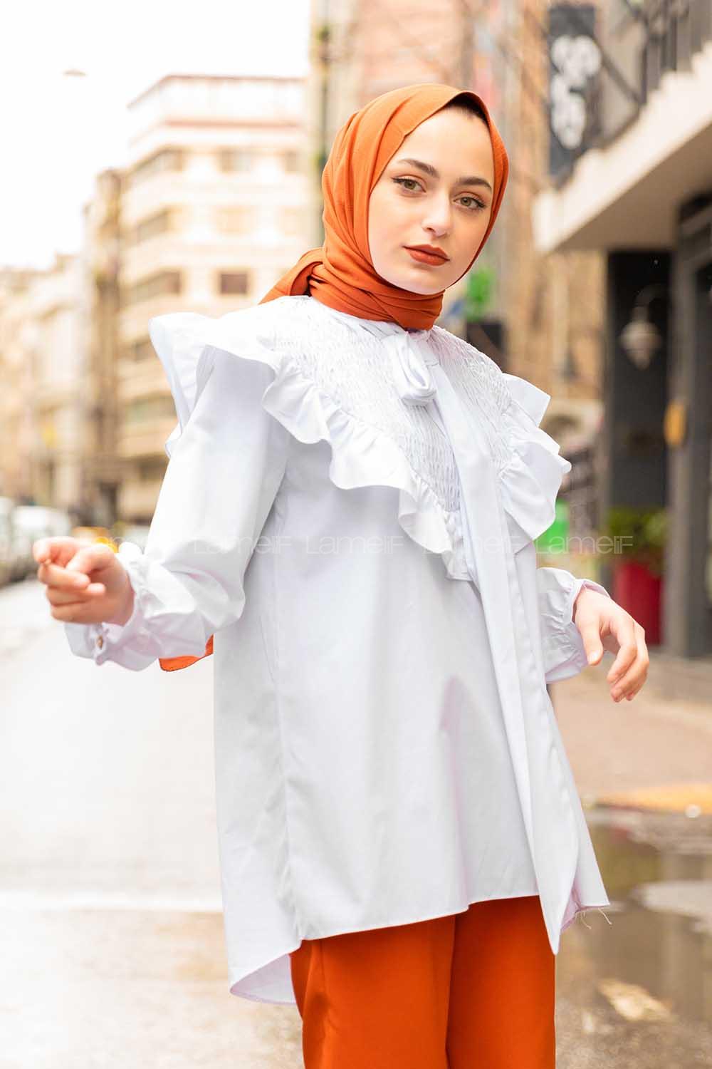 Modalamelif Fularlı Yaka Gipeli Gömlek Tunik Beyaz