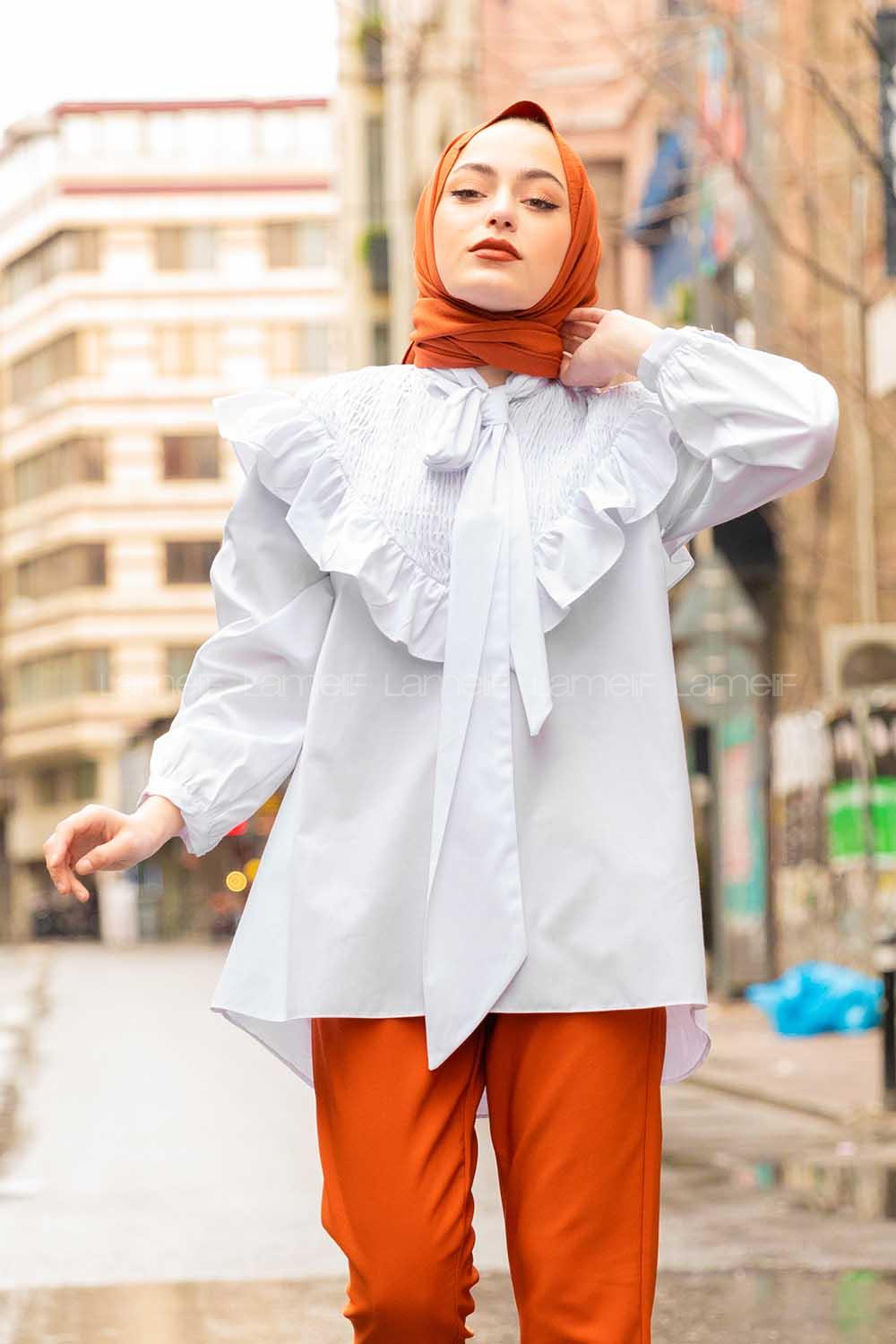 Modalamelif Fularlı Yaka Gipeli Gömlek Tunik Beyaz