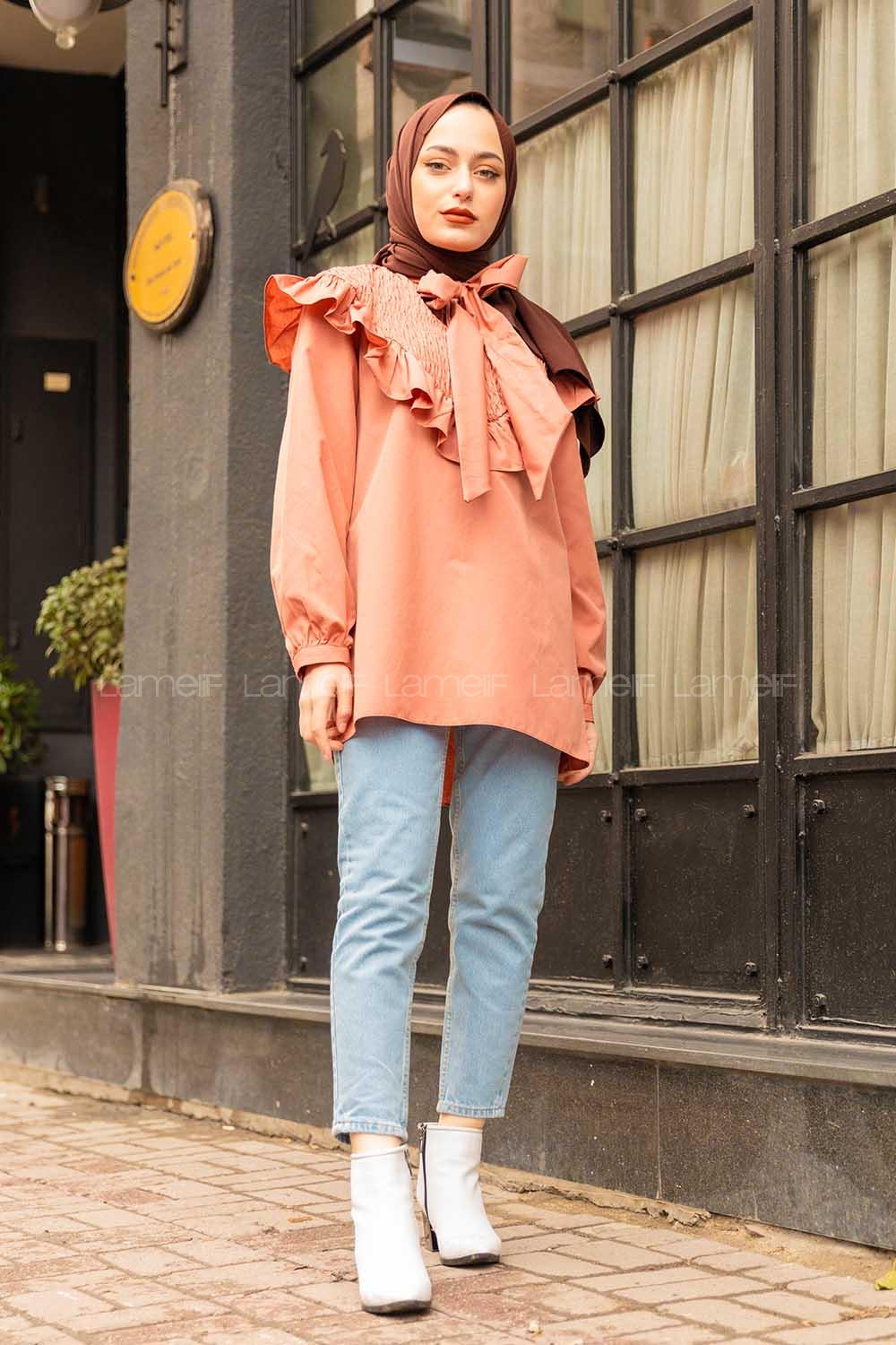 Modalamelif Fularlı Yaka Gipeli Gömlek Tunik Gül