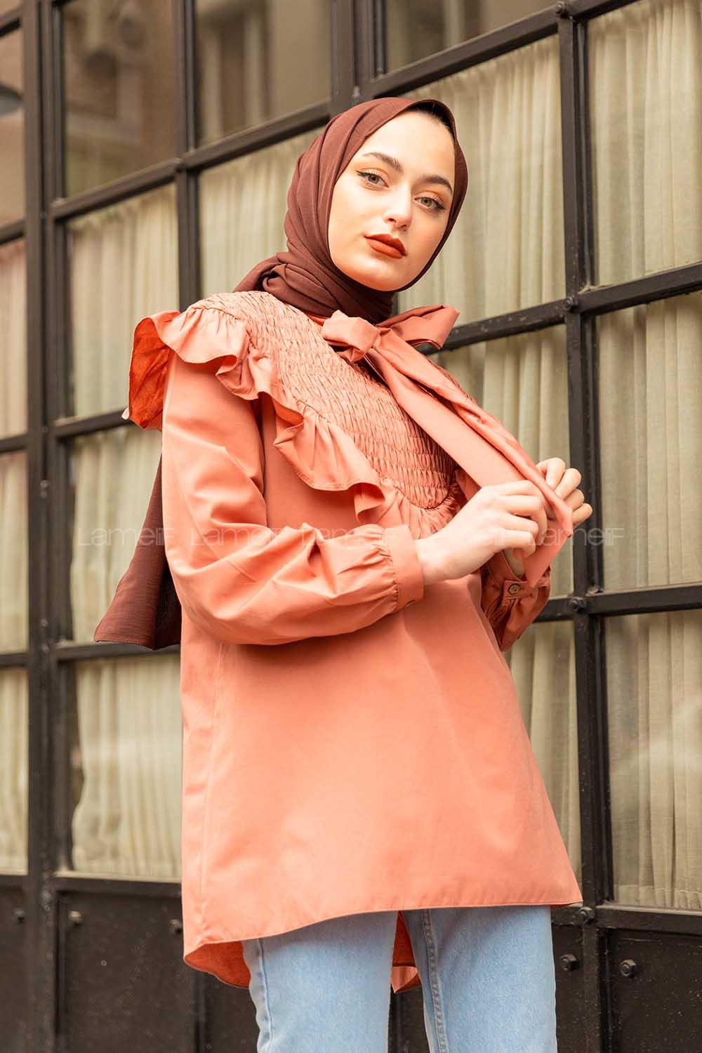 Modalamelif Fularlı Yaka Gipeli Gömlek Tunik Gül