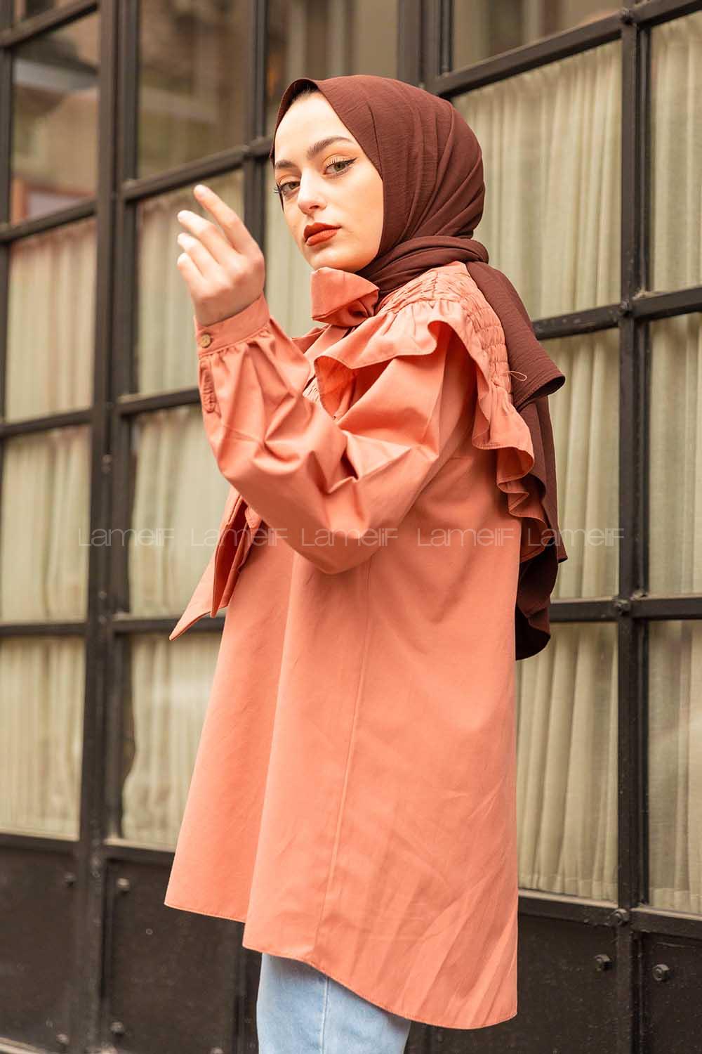 Modalamelif Fularlı Yaka Gipeli Gömlek Tunik Gül