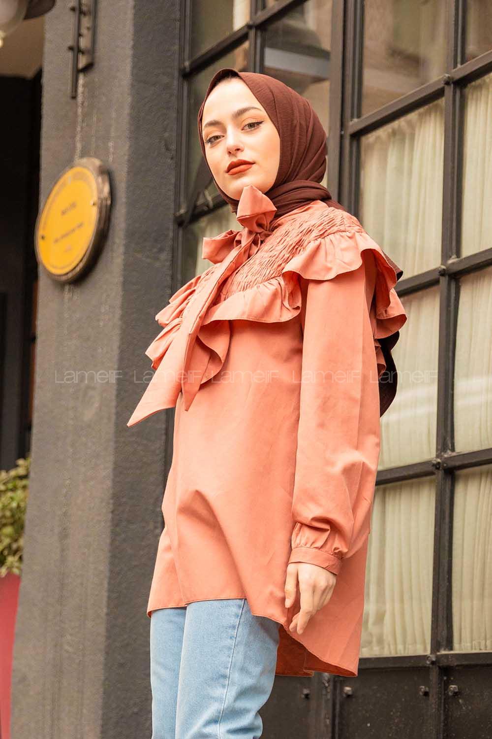 Modalamelif Fularlı Yaka Gipeli Gömlek Tunik Gül