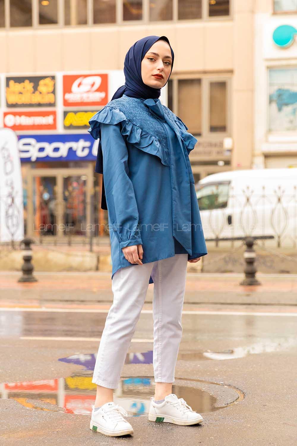 Modalamelif Fularlı Yaka Gipeli Gömlek Tunik İndigo